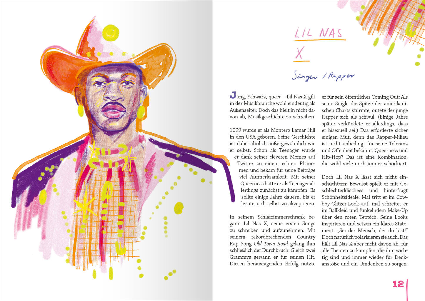 Gezeigt wird eine Innen- oder Zusatzansicht von „Queer und wild und wunderbar“. Die Doppelseite präsentiert ein farbenfrohes Porträt von Lil Nas X, das mit lebendigen Aquarelltönen und einer dynamischen Linienführung gestaltet ist. Der Hintergrund ist in sanften Farbtönen gehalten, während die Typografie handschriftlich wirkt und die Schriftzüge große, verspielte Buchstaben verwenden. Der Text ist klar strukturiert und vermittelt Informationen über den Künstler, unterstrichen von...