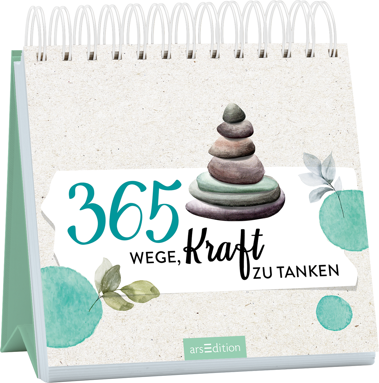 Das Buchcover zeigt einen Kalender mit einem kräftigen Steinstapel in der Mitte, der Stabilität und Ruhe symbolisiert. Die Schrift „365 Wege, Kraft zu tanken“ kombiniert eine elegante Serifenschrift mit einer modernen, handschriftlichen Typografie, wobei „Kraft“ in Schwarz hervorgehoben ist. Die Farbpalette umfasst sanfte Grüntöne und eine beige Hintergrundtextur, die für eine beruhigende Atmosphäre sorgt. Links und rechts sind feine, elegante Blätter und aquarellierte Kreise...