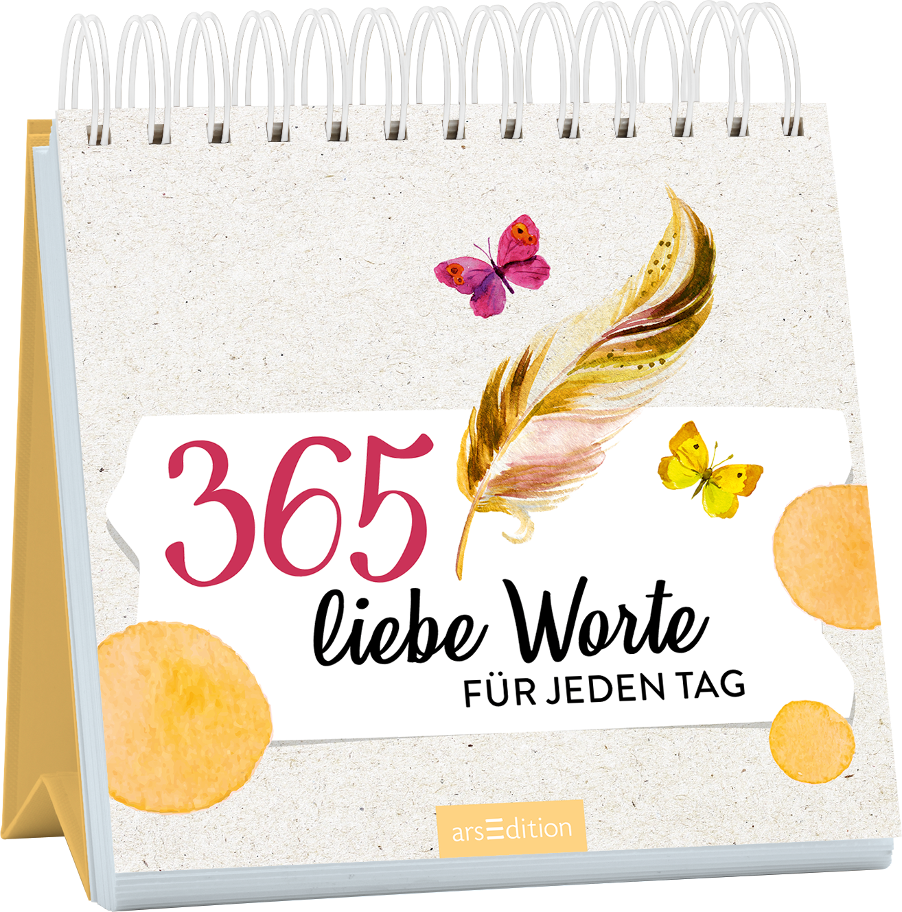 Das Buchcover zeigt einen Spiralblock mit einem hellen, strukturierten Hintergrund. In kräftigem Rot steht die Zahl „365“, gefolgt von „liebe Worte“ in eleganter, schwarzer Schrift. Eine farbenfrohe Feder und kleine Schmetterlinge in Rosa und Gelb umrahmen den Titel. Am unteren Rand sind orangefarbene Kreise zu sehen. Ein SPIEGEL-Bestseller-Button fehlt. Ganz unten mittig steht der Logoschriftzug von arsEdition.
