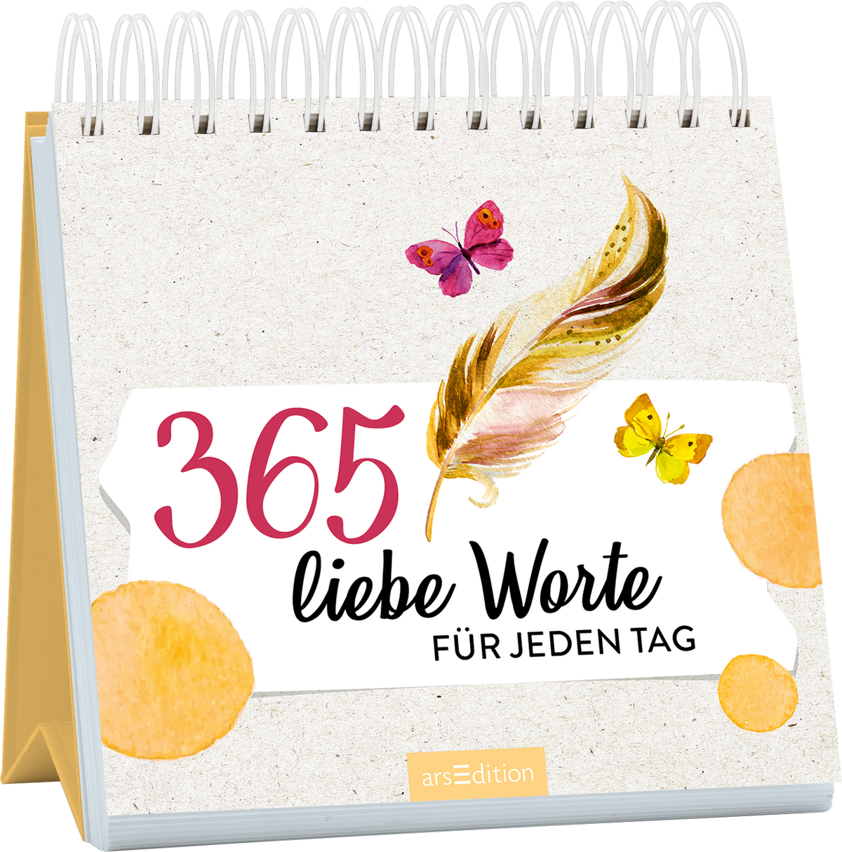 Das Buchcover zeigt einen Spiralblock mit einem hellen, strukturierten Hintergrund. In kräftigem Rot steht die Zahl „365“, gefolgt von „liebe Worte“ in eleganter, schwarzer Schrift. Eine farbenfrohe Feder und kleine Schmetterlinge in Rosa und Gelb umrahmen den Titel. Am unteren Rand sind orangefarbene Kreise zu sehen. Ein SPIEGEL-Bestseller-Button fehlt. Ganz unten mittig steht der Logoschriftzug von arsEdition.
