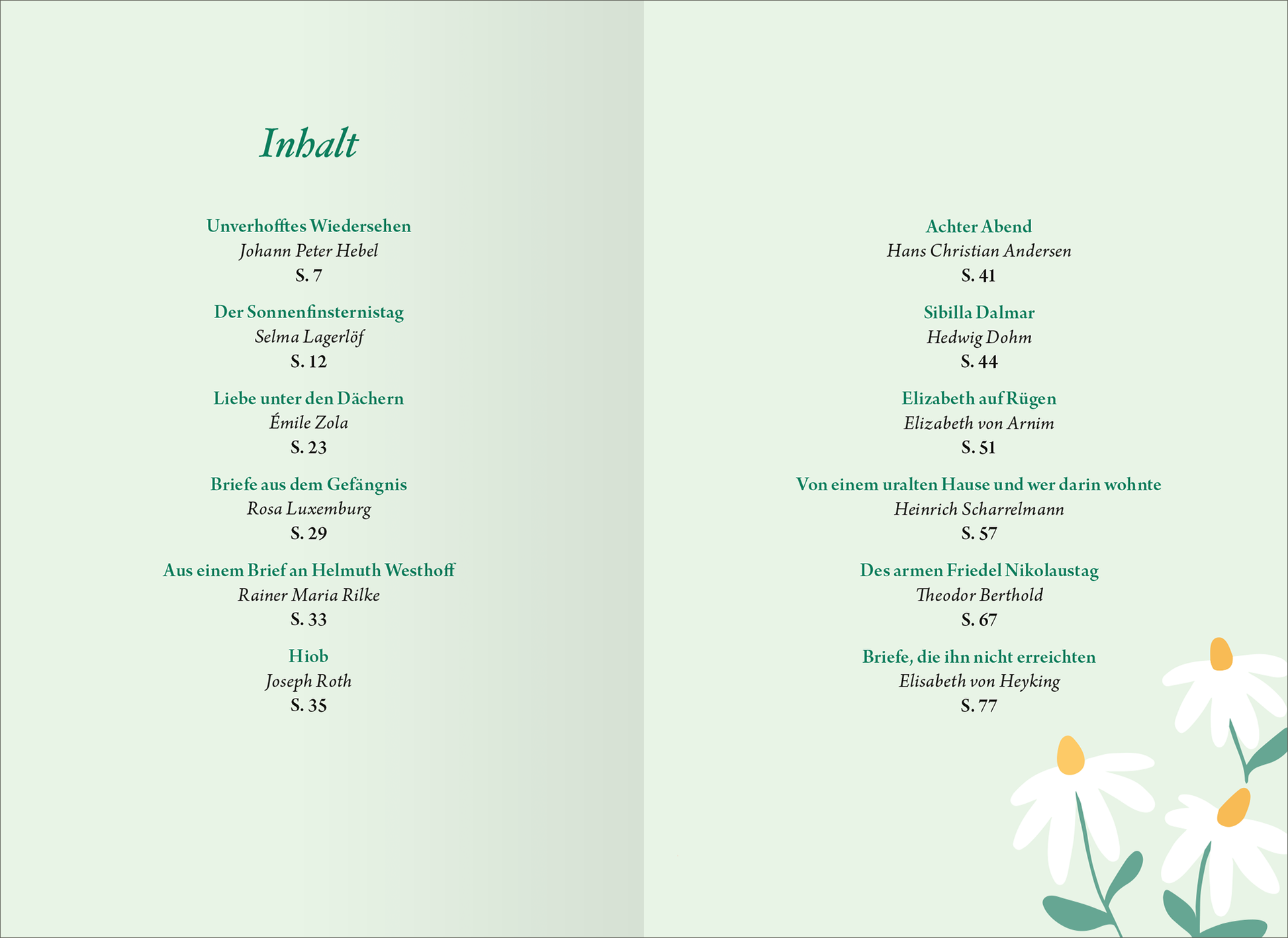 Gezeigt wird eine Innen- oder Zusatzansicht von „Die kleine Bibliothek der positiven Gefühle: Zuversicht“. Die Doppelseite präsentiert ein Inhaltsverzeichnis im sanften Grünton, unterstrichen von dekorativen floralen Elementen am unteren Rand. Die Schriftart ist klar und gut lesbar, wobei die Titel der Beiträge in kräftiger Schrift und die Seitenzahlen in kleinerer Schrift hervorgehoben sind. Die Gesamtanordnung wirkt harmonisch und einladend.