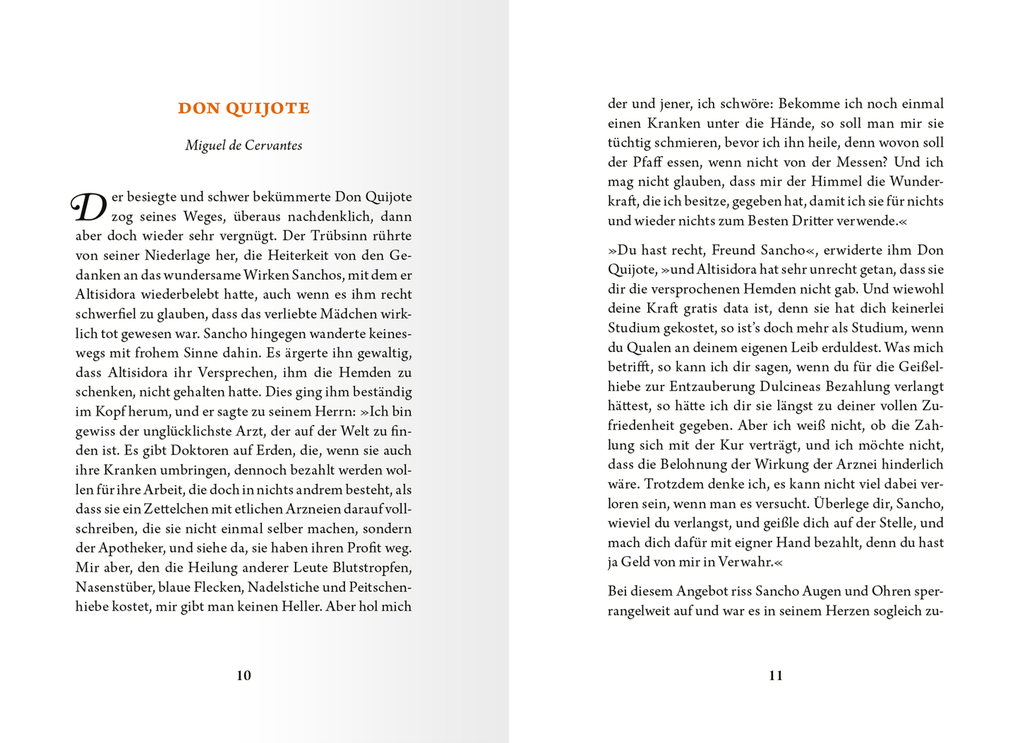 Gezeigt wird eine Innen- oder Zusatzansicht von „Die kleine Bibliothek der positiven Gefühle: Freundschaft“. Die Seiten sind in einem klaren Layout gestaltet, mit einer großflächigen weißen Hintergrundfarbe, die den Text hervorhebt. Der Titel „DON QUIJOTE“ ist in einer markanten, serifenbetonten Schriftart platziert, während der Fließtext in einer gut lesbaren serifenlosen Schrift gesetzt ist. Die Textblöcke sind symmetrisch angeordnet, was die Lesbarkeit fördert. Es sind keine...