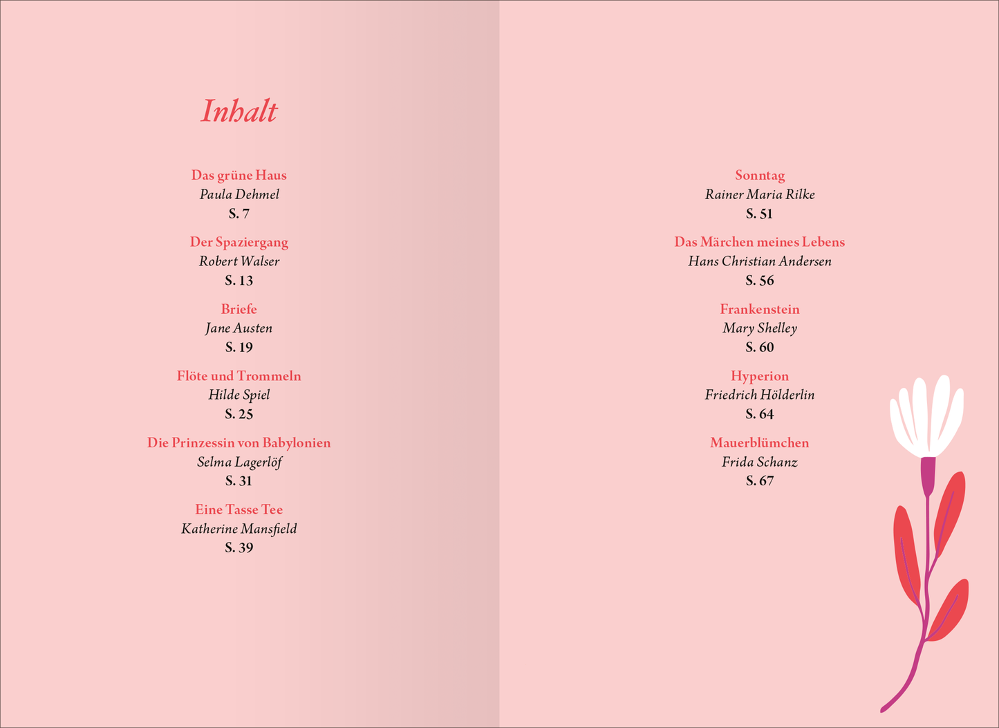 Gezeigt wird eine Innenansicht von „Die kleine Bibliothek der positiven Gefühle: Selbstliebe“. Die Seite präsentiert einen sanften, rosa Hintergrund mit einer klaren, eleganten Schriftart für den Titel „Inhalt“, der in kräftigem Rot gehalten ist. Die Liste der Beiträge ist übersichtlich strukturiert, die Schriftfarbe wechselt zwischen Schwarz und Dunkelrot. Auf der rechten Seite ist eine stilisierte, bunte Blume abgebildet, die fröhliche Akzente setzt und das Gefühl von...