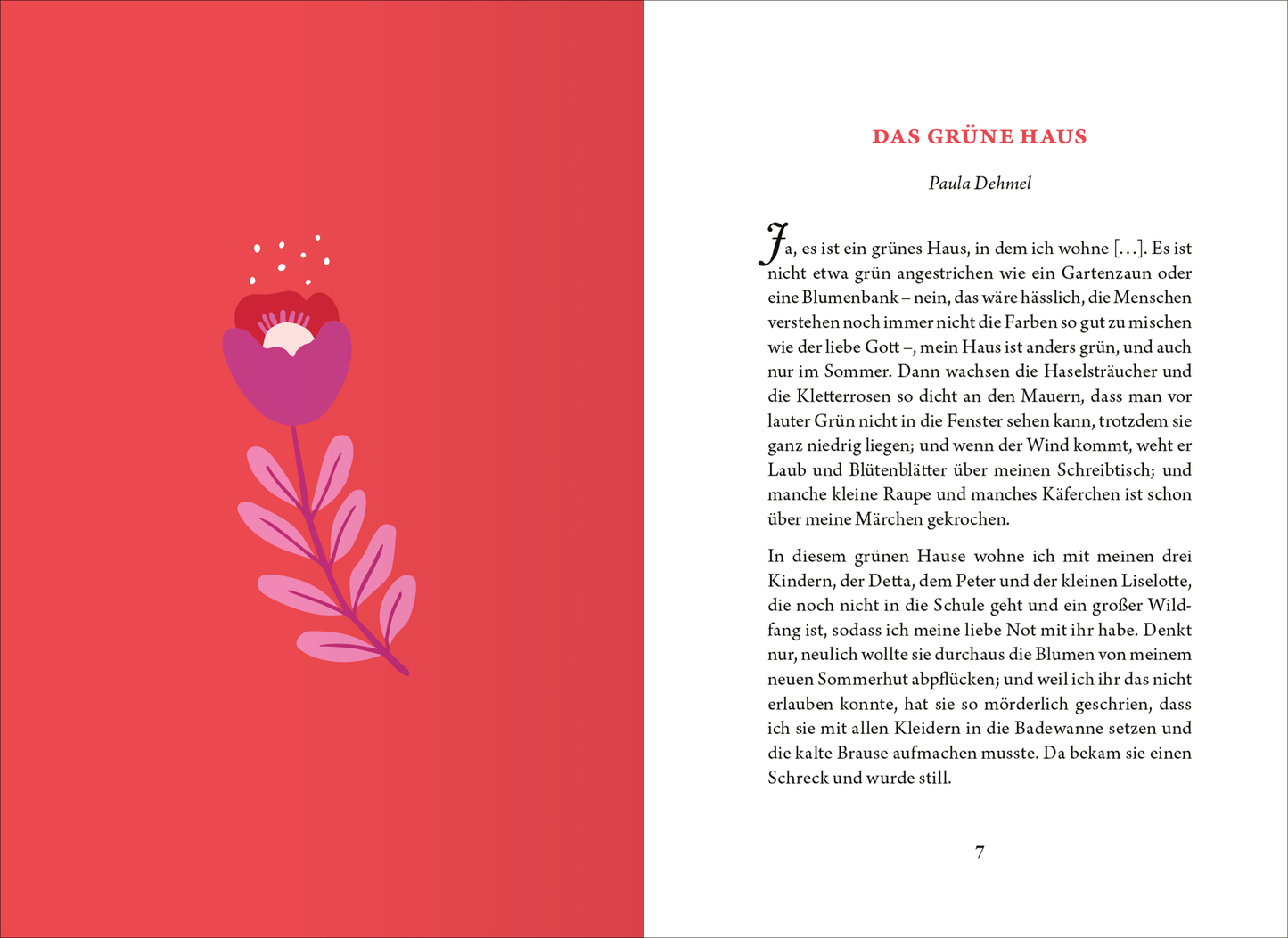 Gezeigt wird eine Innen- oder Zusatzansicht von „Die kleine Bibliothek der positiven Gefühle: Selbstliebe“. Die Seite präsentiert einen warmen, roten Hintergrund mit einem dominant stilisierten Blumenelement in kräftigen Farben. Die Schriftart ist klar und gut lesbar, im oberen Bereich stehen der Titel sowie der Autorennamen in größeren Schriftgrößen, während der Text in einem kleineren Format darunter folgt. Eine harmonische Komposition, die Wärme und Freundlichkeit ausstrahlt.