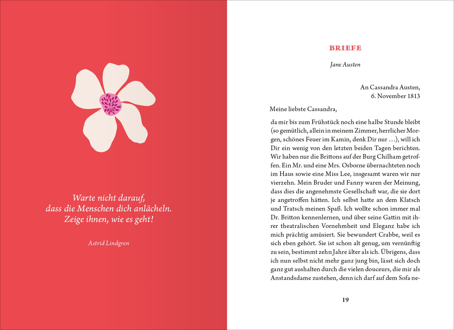Gezeigt wird eine Innen- oder Zusatzansicht von „Die kleine Bibliothek der positiven Gefühle: Selbstliebe“. Die Seite ist in einem rosa-tonalen Farbdesign gehalten, das durch eine große, stilisierte Blüte links hervorgehoben wird. Auf der rechten Seite steht der Text in einer gut lesbaren, serifenlosen Schrift. Die zentrale Botschaft in Anführungszeichen ist klar hervorgehoben und ergänzt den freundlichen, einladenden Gesamteindruck, der zum Nachdenken und zur Selbstreflexion anregt.