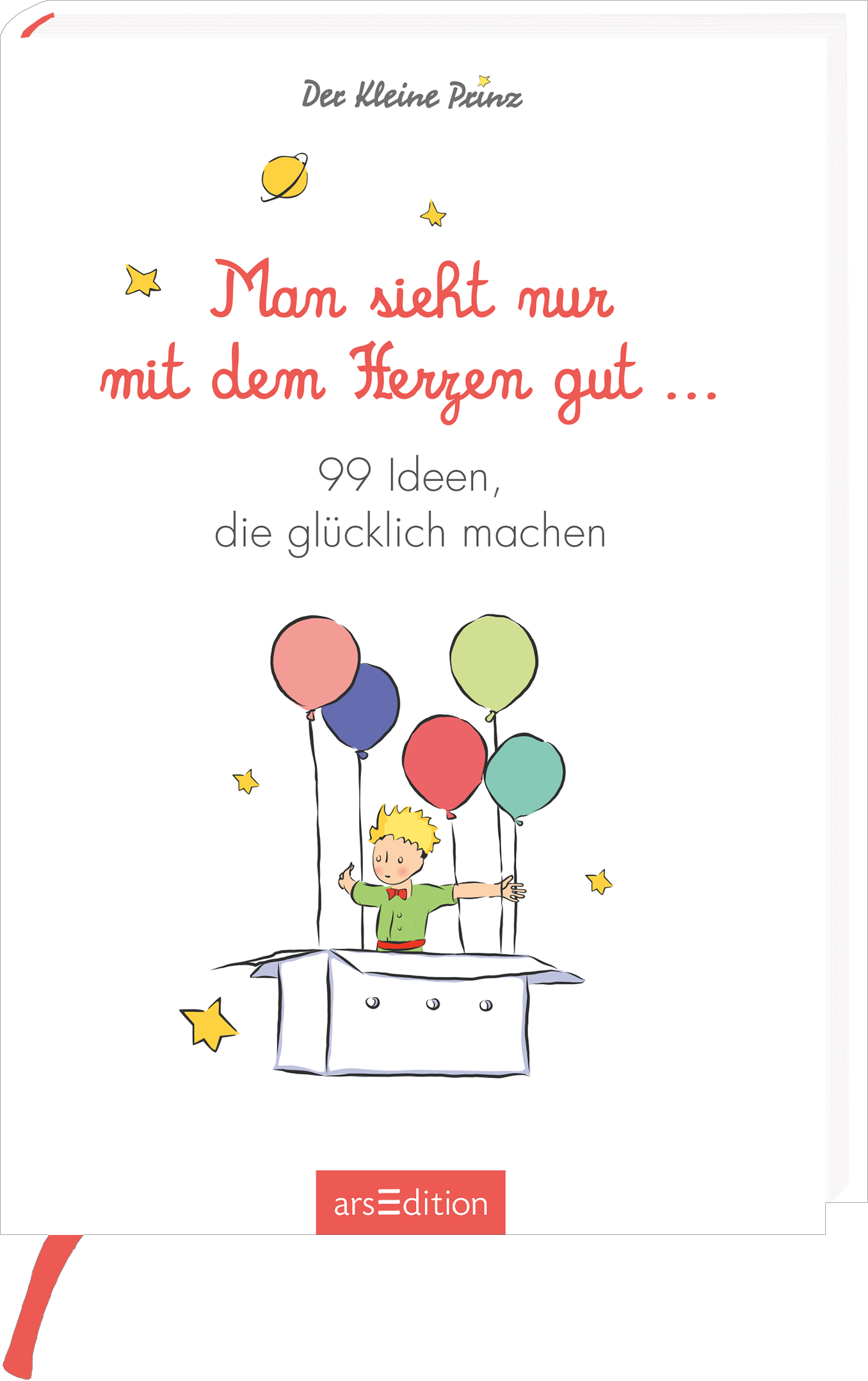 Das Buchcover zeigt einen kindlichen Jungen, der aus einem weißen Karton heraus schaut und sechs bunte Ballons hält. Die Farben sind überwiegend sanft, mit rosa, blau und grün dominierten Ballons. Der Titel „Man sieht nur mit dem Herzen gut …“ ist in geschwungener roter Schrift platziert, während darunter in schlichter Schrift „99 Ideen, die glücklich machen“ steht. Oben links sind kleine Sterne und ein Planet abgebildet, die eine fröhliche Atmosphäre vermitteln. Ganz unten...