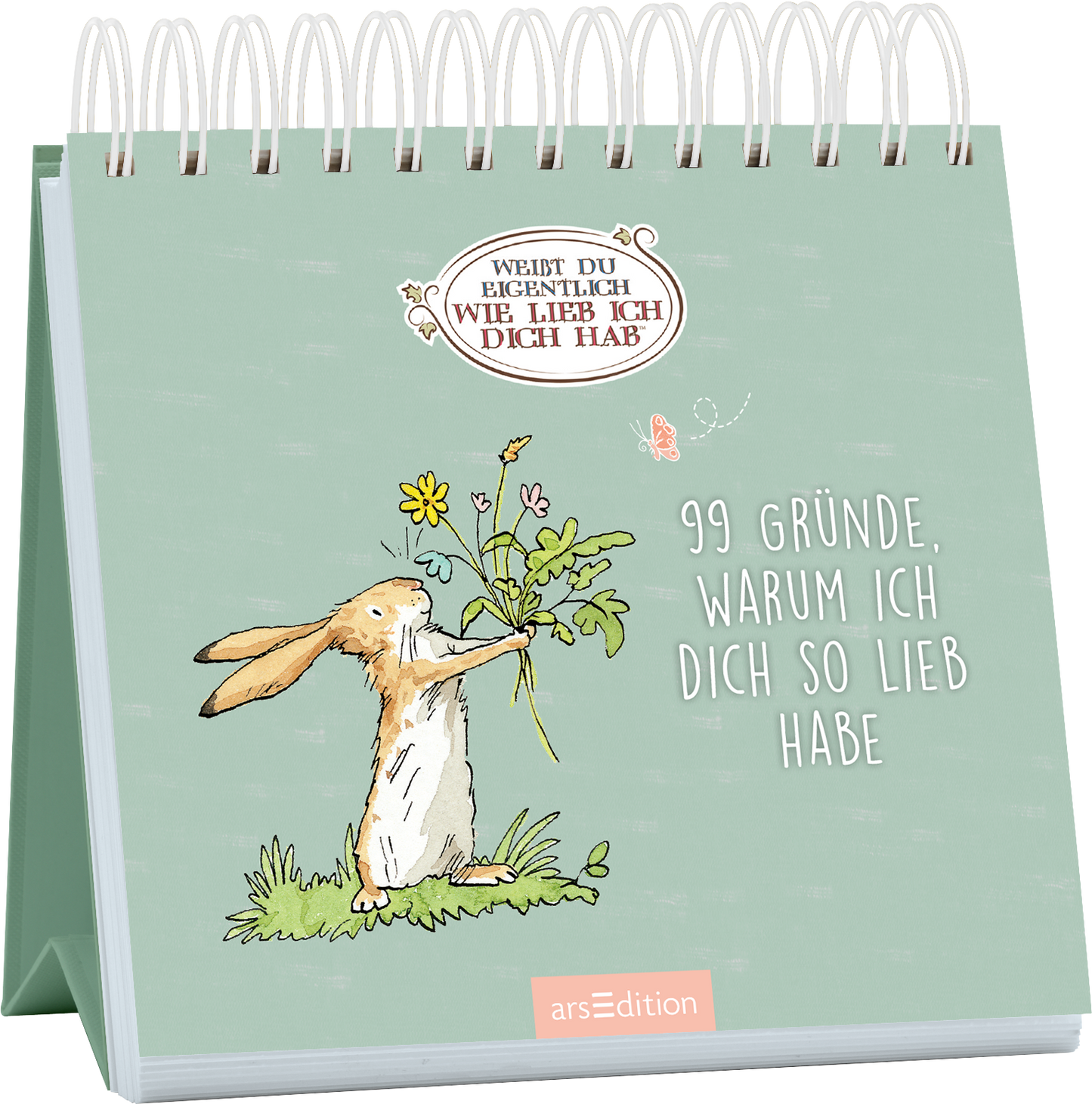 Das Buchcover zeigt einen niedlichen, hellbraunen Hasen, der auf einer grünen Wiese mit bunten Blumen steht und einen Strauß aus Blumen hält. Hintergrund und animierte Elemente in sanften, pastellfarbenen Tönen schaffen eine freundliche und fröhliche Atmosphäre. Der obere Teil des Covers trägt den Text „WEISST DU EIGENTLICH WIE LIEB ICH DICH HAB“ in einer verspielten Schriftart. Darunter steht in größerer, klarer Schrift „99 GRÜNDE, WARUM ICH DICH SO LIEB HABE“. Ganz unten...