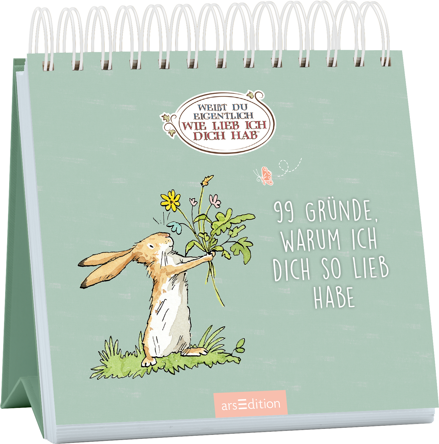 Das Buchcover zeigt einen niedlichen, hellbraunen Hasen, der auf einer grünen Wiese mit bunten Blumen steht und einen Strauß aus Blumen hält. Hintergrund und animierte Elemente in sanften, pastellfarbenen Tönen schaffen eine freundliche und fröhliche Atmosphäre. Der obere Teil des Covers trägt den Text „WEISST DU EIGENTLICH WIE LIEB ICH DICH HAB“ in einer verspielten Schriftart. Darunter steht in größerer, klarer Schrift „99 GRÜNDE, WARUM ICH DICH SO LIEB HABE“. Ganz unten...