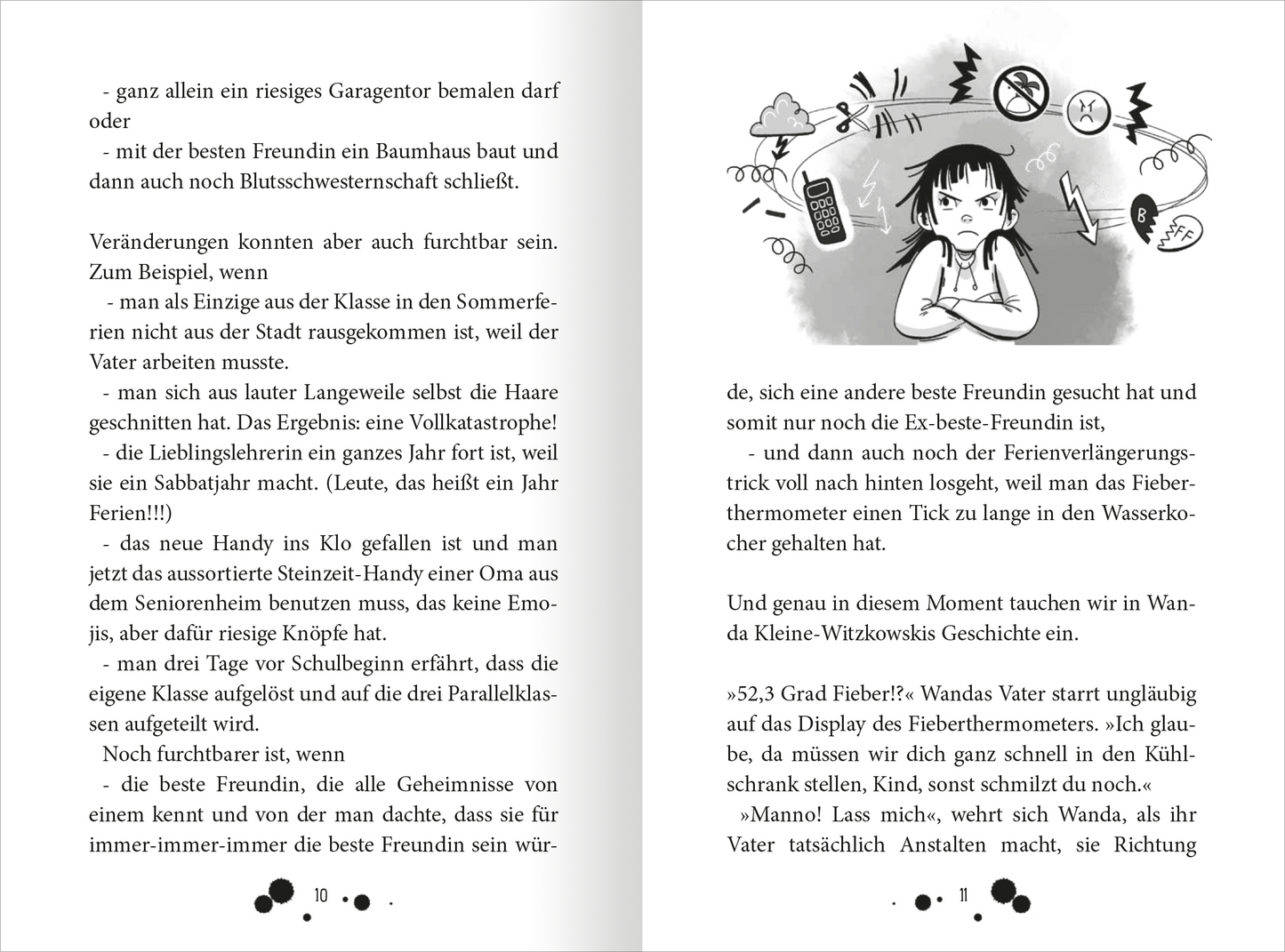 Gezeigt wird eine Innen- oder Zusatzansicht von „Der Zauber der Tinte – Totales Klassenchaos“. Die Seite zeigt skizzierte Illustrationen mit dominierenden Schwarz- und Grautönen, begleitet von kräftigen Akzenten in Blau und Rot. Auf der linken Seite sind handschriftliche Notizen in klarer, lesbarer Typografie zu sehen. Die Figuren wirken lebhaft und verleihen der Seite eine dynamische Atmosphäre. Emotionen und Situationskomik werden durch Cartoon-artige Darstellungen hervorgerufen,...