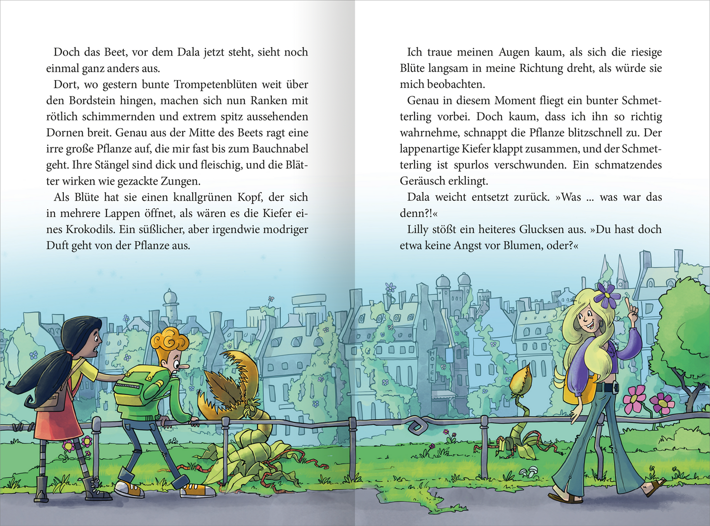 Gezeigt wird eine Innen- oder Zusatzansicht von „Götter außer Rand und Band – Grusel im Gemüsebeet“. Die Illustration zeigt eine lebendige Gartenlandschaft mit bunte Trompetenblüten und ungewöhnlichen Pflanzen. Die Farben sind kräftig, mit dominierenden Grüntönen und Akzenten in Rot und Gelb. Auf der linken Seite sind zwei Kinder abgebildet, die überrascht auf eine große, gruselige Blüte blicken. Die Typografie ist deutlich und verspielt, passend zum kindlichen Thema.