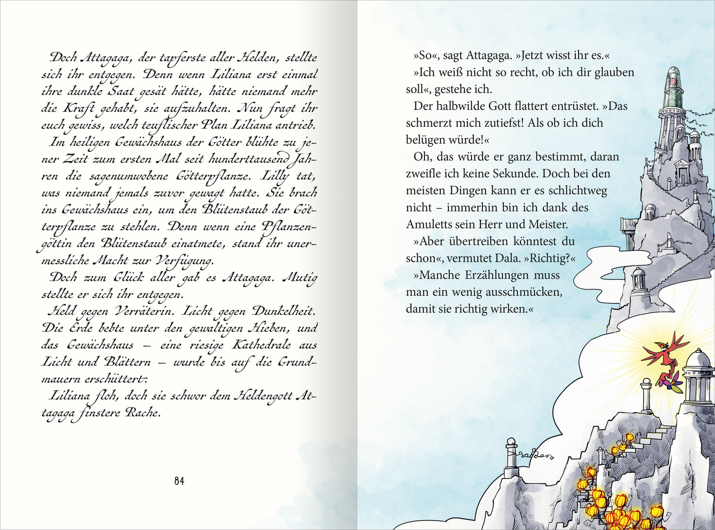 Gezeigt wird eine Innen- oder Zusatzansicht von „Götter außer Rand und Band – Grusel im Gemüsebeet“. Die Doppelseite zeigt eine farbenfrohe, illustrierten Szene mit sanften aquarellierten Hintergründen in Blau- und Gelbtönen. Auf der linken Seite steht der Text in gut leserlicher, serifenloser Schrift, während die rechte Seite eine fantasievolle Darstellung eines Berges mit Türmen und Figuren zeigt. Die Typografie ist klar und einladend, wodurch die Leser sanft in die Geschichte...