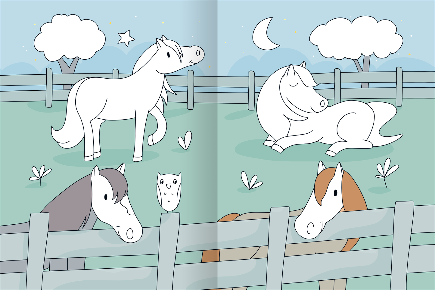 Gezeigt wird eine Innen- oder Zusatzansicht von „Mein großes buntes Malbuch – Pferde und Ponys“. Die Seite ist in sanften Pastelltönen gehalten und zeigt verschiedene Pferde und Ponys in einer einzigartigen ländlichen Szenerie. Ein weißes Pferd galoppiert, während ein anderes entspannt im Gras liegt. Umrahmt von stilisierten Bäumen und einem Zaun, sorgen Wolken und Sterne für eine verträumte Atmosphäre. Die einfache, kindgerechte Zeichnung ist klar und ansprechend, mit großen...