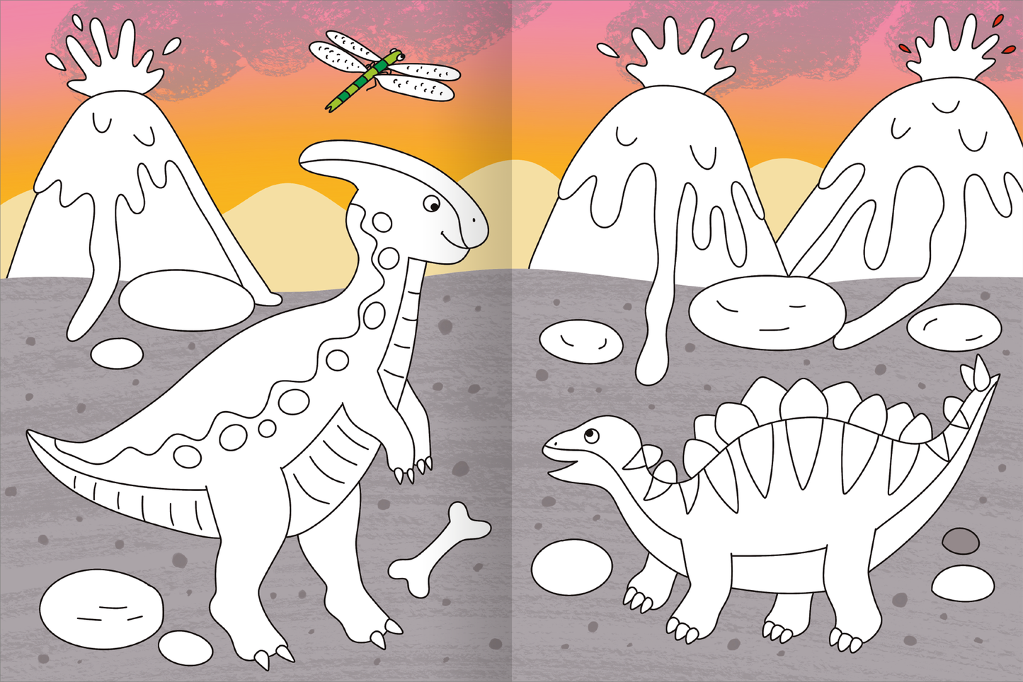 Gezeigt wird eine Innen- oder Zusatzansicht von „Mein großes buntes Malbuch – Dinosaurier“. Die Seite zeigt eine farbenfrohe Landschaft mit zwei Dinosauriern, einem langhalsigen und einem Stegosaurus, umgeben von runden Steinen und Vulkanen. Im Hintergrund ist ein sanfter Sonnenuntergang in warmen Orange- und Gelbtönen zu sehen. Die Figuren sind in klaren, schwarzen Umrissen gezeichnet, die zum Ausmalen einladen, während die vulkanische Landschaft mit leicht lächelnden Gesichtern...