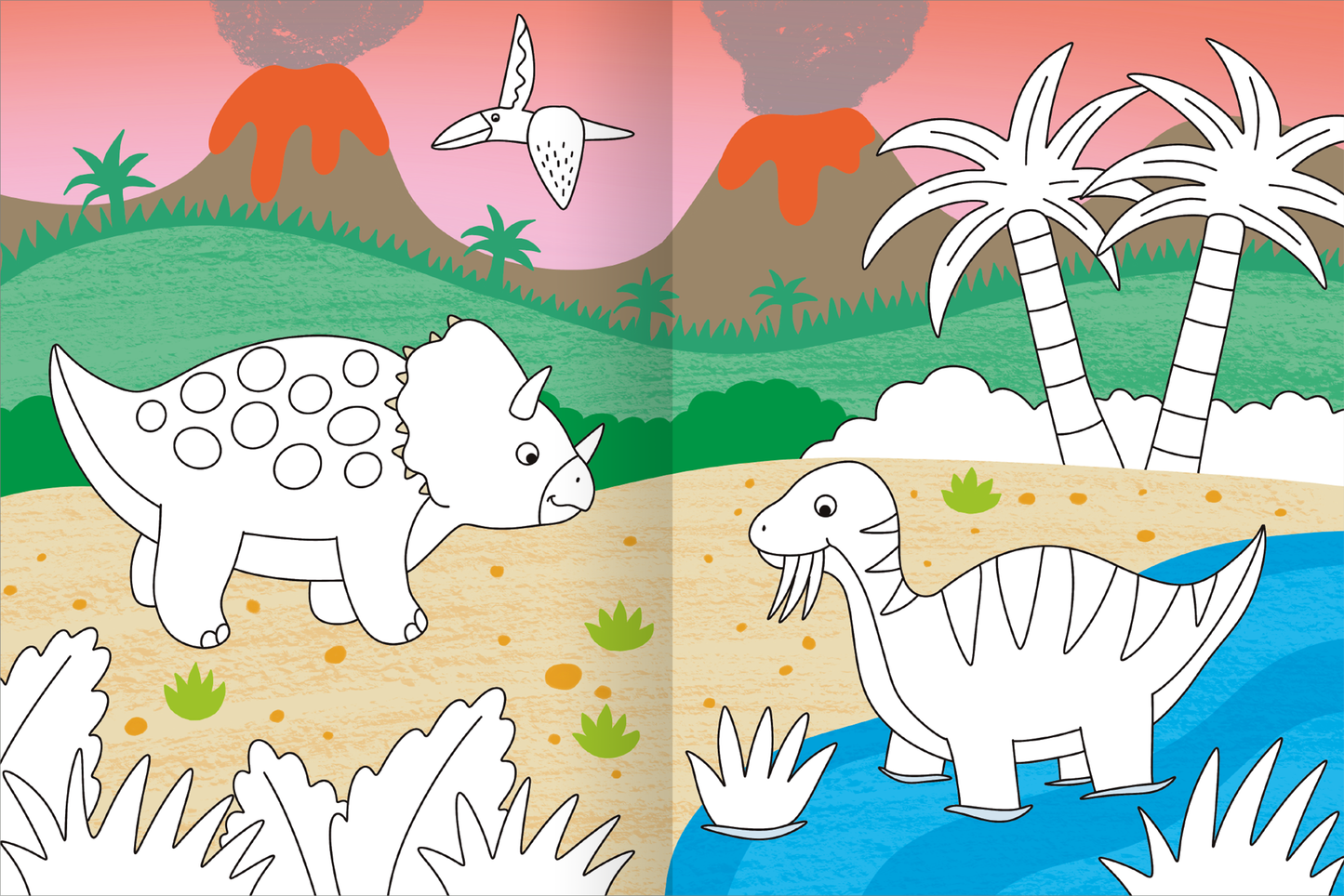 Gezeigt wird eine Innen- oder Zusatzansicht von „Mein großes buntes Malbuch – Dinosaurier“. Die Seite präsentiert zwei Dinosaurier, umgeben von einer lebhaften Landschaft. Der Hintergrund zeigt sanfte Hügel und Palmen unter einem orange-roten Himmel. Die Dinosaurier sind in verschiedenen Formen und Farben gehalten, wodurch sie auffällig und verspielt wirken. Klare, dicke Umrisse und eine kindgerechte Schrift typisieren das Layout, das zur Kreativität anregt.