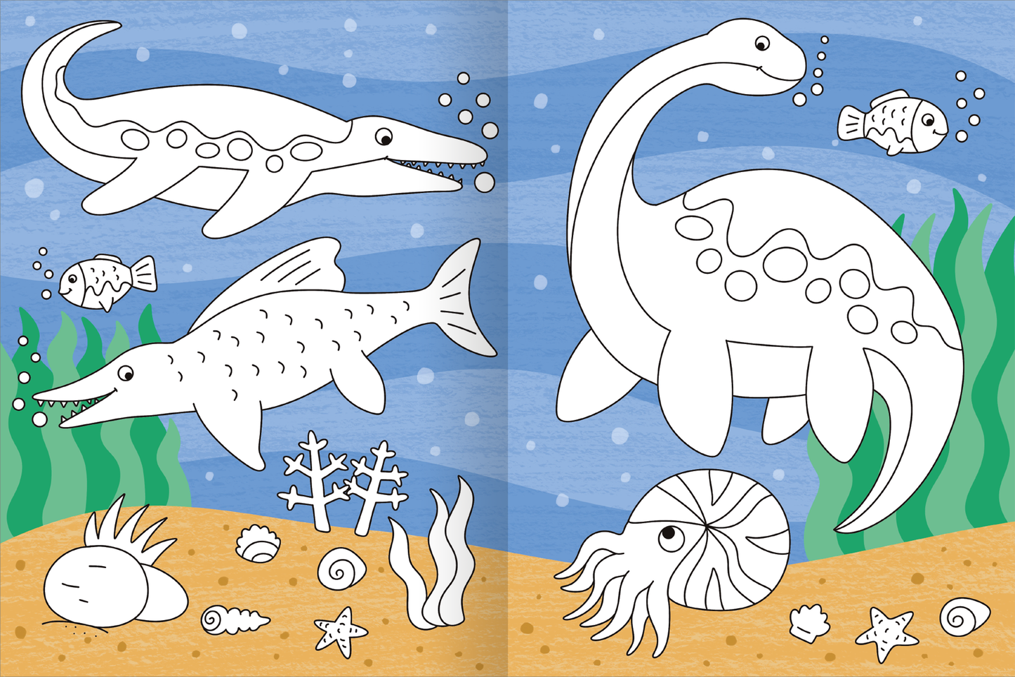 Gezeigt wird eine Innen- oder Zusatzansicht von „Mein großes buntes Malbuch – Dinosaurier“. Die Abbildung zeigt eine unterwasserwelt mit verschiedenen Dinosauriern, darunter ein langhalsiger Dinosaurier und eine Fischart. Die Illustration ist in klaren Linien und ohne Farben gestaltet, vor einem blauen Hintergrund mit einfachen Pflanzen und maritimem Zubehör. Typografisch sind die Beschriftungen der Dinosaurier leicht lesbar und freundlich gestaltet, ideal für junge Maler.