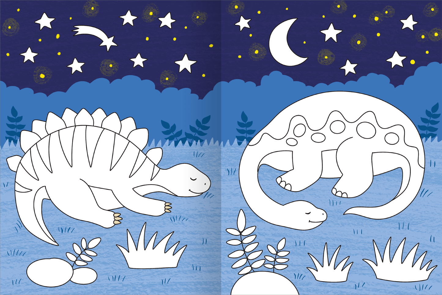 Gezeigt wird eine Innen- oder Zusatzansicht von „Mein großes buntes Malbuch – Dinosaurier“. Die Illustration zeigt zwei Dinosaurier in einer grasbewachsenen Landschaft unter einem nächtlichen Himmel. Ein Stegosaurus und ein weiterer Dinosaurier sind in kreativen, einfachen Formen dargestellt. Der Hintergrund ist in sanften Blautönen gehalten, während der Himmel mit gelben Sternen und einem weißen Mond verziert ist. Die Typografie bleibt klar und kindgerecht.