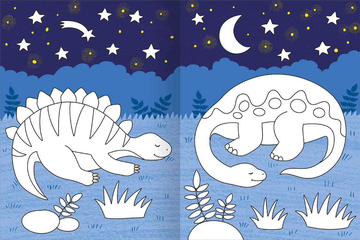 Gezeigt wird eine Innen- oder Zusatzansicht von „Mein großes buntes Malbuch – Dinosaurier“. Die Illustration zeigt zwei Dinosaurier in einer grasbewachsenen Landschaft unter einem nächtlichen Himmel. Ein Stegosaurus und ein weiterer Dinosaurier sind in kreativen, einfachen Formen dargestellt. Der Hintergrund ist in sanften Blautönen gehalten, während der Himmel mit gelben Sternen und einem weißen Mond verziert ist. Die Typografie bleibt klar und kindgerecht.