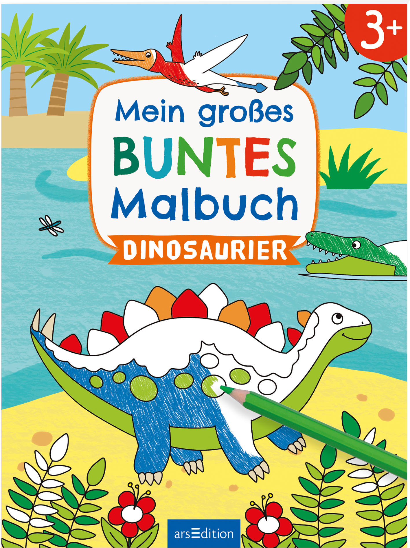 Das Cover zeigt eine fröhliche und farbenfrohe Illustration von Dinosauriern in einer lebhaften Landschaft, umgeben von tropischen Pflanzen und Wasser. Der Titel „Mein großes BUNTES Malbuch DINOSAURIER“ ist in bunten, verspielten Buchstaben angeordnet. Links unten sind ein grüner Dinosaurier mit blauen Punkten und ein rotes Dreieck sichtbar, während ein Pinsel in Grün das Bild ergänzt. Oben links befindet sich ein auffälliger orangefarbener Hinweis auf die Altersmarkierung „3+“....