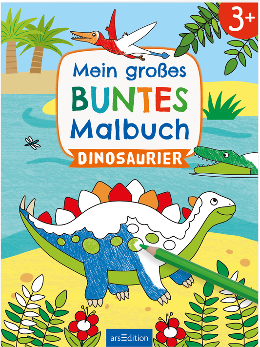 Das Cover zeigt eine fröhliche und farbenfrohe Illustration von Dinosauriern in einer lebhaften Landschaft, umgeben von tropischen Pflanzen und Wasser. Der Titel „Mein großes BUNTES Malbuch DINOSAURIER“ ist in bunten, verspielten Buchstaben angeordnet. Links unten sind ein grüner Dinosaurier mit blauen Punkten und ein rotes Dreieck sichtbar, während ein Pinsel in Grün das Bild ergänzt. Oben links befindet sich ein auffälliger orangefarbener Hinweis auf die Altersmarkierung „3+“....