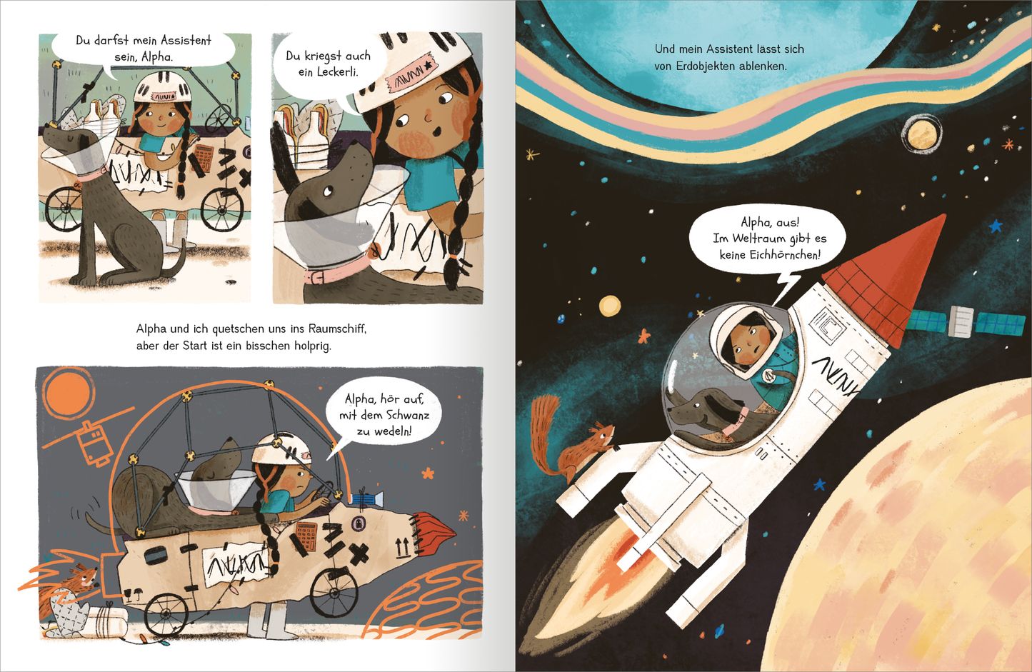 Gezeigt wird eine Innen- oder Zusatzansicht von „Alia Astronautin - Mission Freundschaft“. Die Seite zeigt eine fröhliche Szene im Weltraum mit Alia, einem Kind mit dunklen Haaren in einem blauen Raumanzug, und ihrem tierischen Assistenten Alpha, einem Hund in einem Raumanzug. Der Hintergrund ist in dunklen Farben mit bunten Planetenkreisläufen und Sternen gestaltet. Die Typografie ist verspielt und gut lesbar, mit Sprechblasen, die die Unterhaltung zwischen Alia und Alpha visualisieren.
