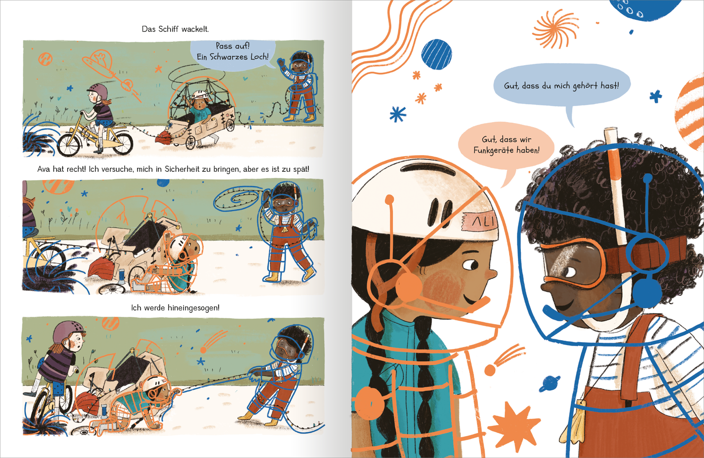 Gezeigt wird eine Innen- oder Zusatzansicht von „Alia Astronautin - Mission Freundschaft“. Die Illustration zeigt zwei Kinder in Raumanzügen, die sich freudig gegenüberstehen. Eine raumfarbene Kulisse mit bunten, geometrischen Formen und kleinen Details wie Sternen und Linien umrahmt die Szene. Der Text ist in einer klaren, verspielten Schrift gestaltet, wobei helle Farben wie Orange, Blau und Grün dominieren, um die lebendige Atmosphäre des Abenteuers zu unterstreichen.