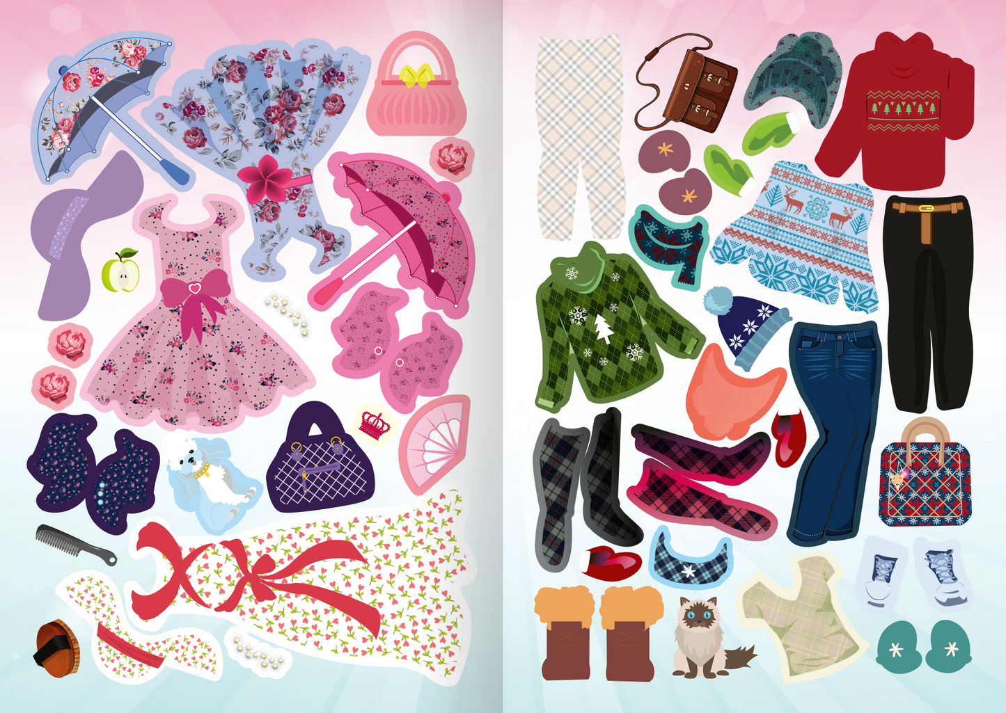 Gezeigt wird eine Innen- oder Zusatzansicht von „Mini-Sticker-Anziehpuppen – Reiterhof“. Die Darstellung umfasst eine Vielzahl von bunten Aufklebern, die verschiedene Kleidungsstücke und Accessoires zeigen. Auf der linken Seite sind zahlreiche Kleider, Regenschirme und Taschen in Rosa- und Lilatönen, während die rechte Seite mit Pullovern, Hosen und Stiefeln in kräftigen Farben wie Grün, Blau und Rot gestaltet ist. Zarte Blumenmuster und verspielte Motive ergänzen die fröhliche...