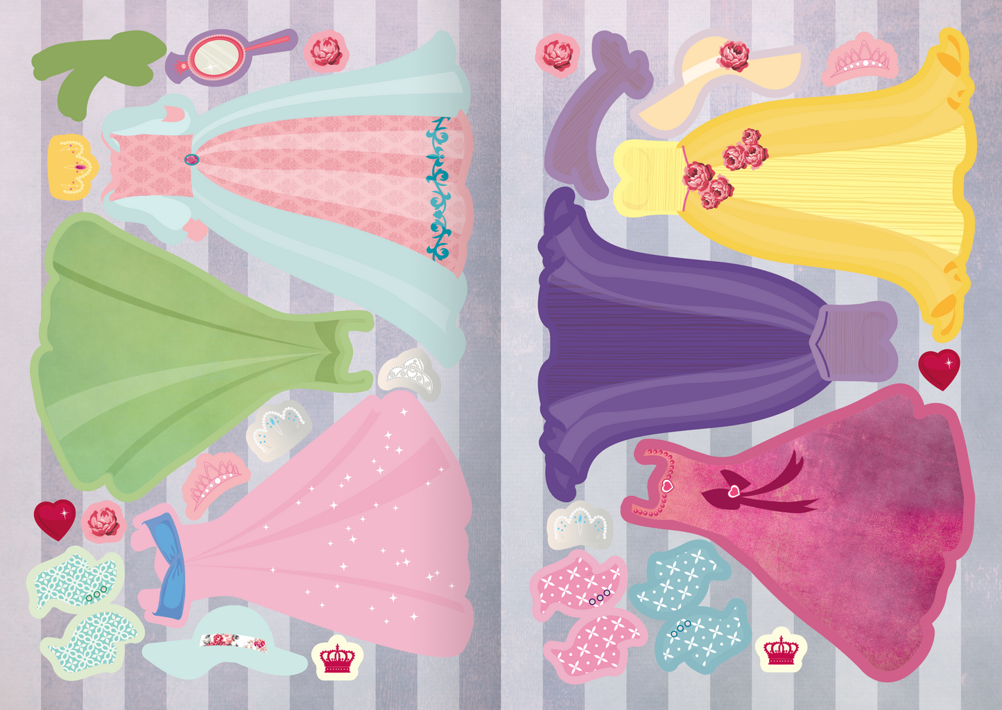 Gezeigt wird eine Innen- oder Zusatzansicht von „Mini-Sticker-Anziehpuppen – Prinzessinnen“. Die Darstellung zeigt bunte und ansprechende Kleider für Anziehpuppen, darunter ein hellblaues, pinkes, grünes, lilafarbenes und gelbes Kleid. Die farbenfrohen Stoffe sind mit Blumenmotiven und Details wie Rüschen verziert. Zusätzlich sind kleine Accessoires wie Herz- und Stern-Sticker sowie ein kleiner Handspiegel abgebildet. Der Hintergrund ist in sanften, grauen Streifen gestaltet.