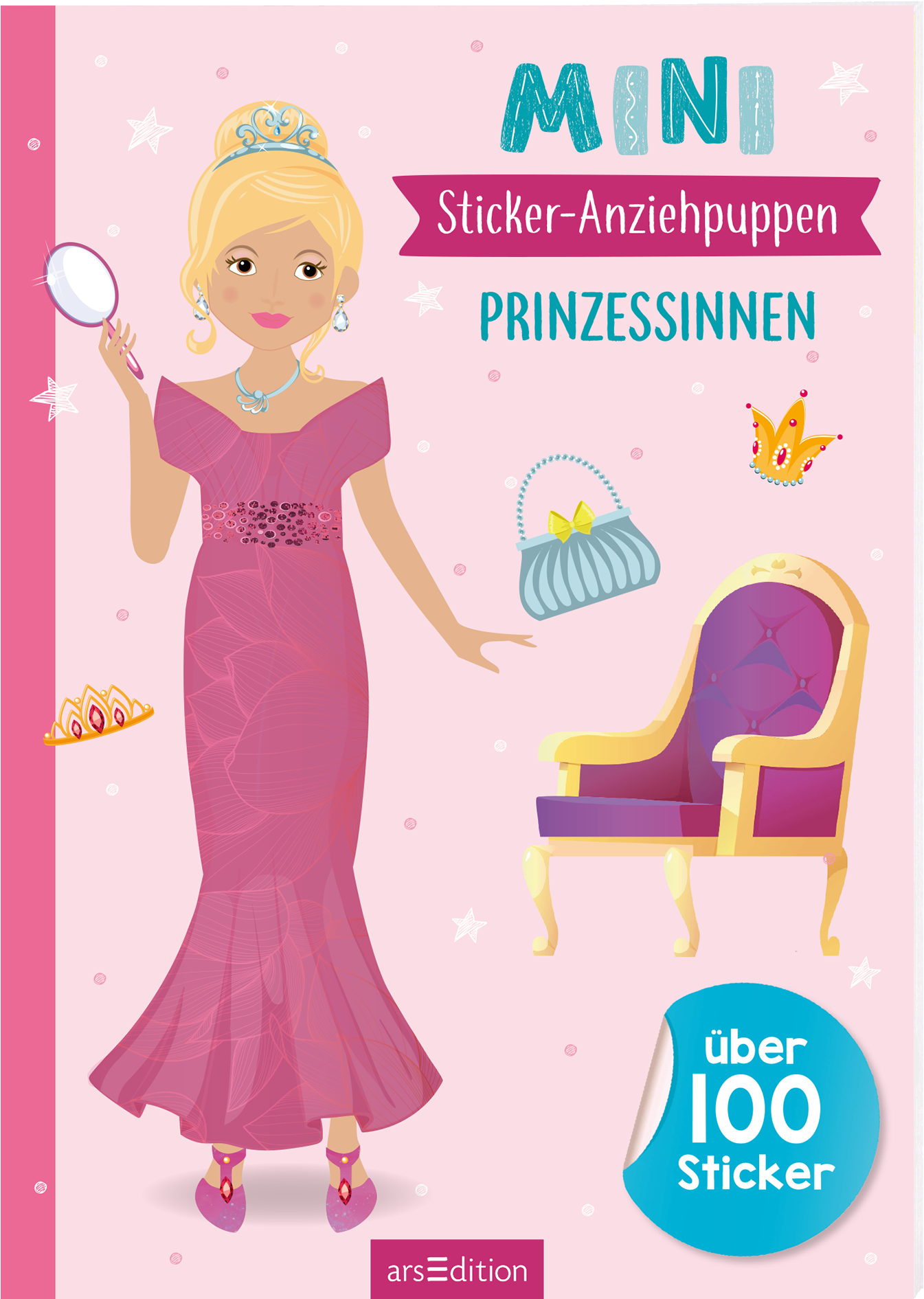 Auf dem Buchcover ist eine stilisierte Prinzessin in einem eleganten, rosa Kleid mit glitzernden Details abgebildet. Ihr langes, blonder Haar schmückt eine Krone. Im Hintergrund sind verschiedene Accessoires, wie eine Handtasche und eine Krone, verteilt. Über der Prinzessin steht der Titel „MINI Sticker-Anziehpuppen PRINZESSINNEN“ in bunten Buchstaben. Unten rechts befindet sich ein blauer Button mit der Aufschrift „über 100 Sticker“. Ganz unten mittig steht der Logoschriftzug von...