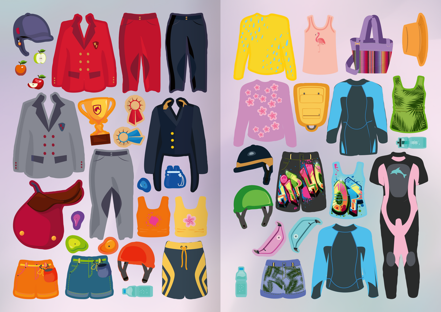 Gezeigt wird eine Innen- oder Zusatzansicht von „Mini-Sticker-Anziehpuppen – Beim Sport“. Die Illustration zeigt eine Vielzahl von Sportbekleidungen und Zubehör in lebhaften Farben. Zur Auswahl stehen Reitklamotten, Sättel, Helme und Neoprenanzüge. Accessoires wie Trinkflaschen und Obst gibt es auch.