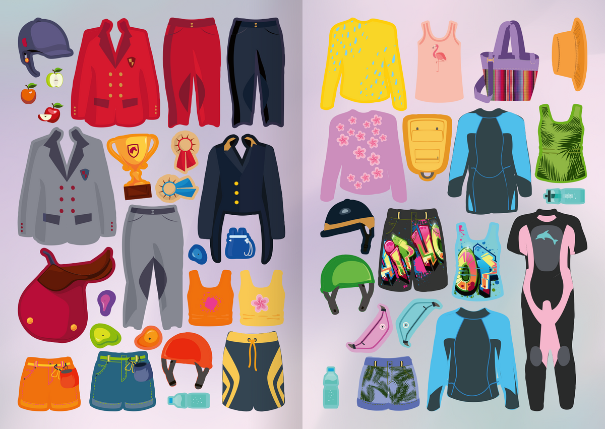 Gezeigt wird eine Innen- oder Zusatzansicht von „Mini-Sticker-Anziehpuppen – Beim Sport“. Die Illustration zeigt eine Vielzahl von Sportbekleidungen und Zubehör in lebhaften Farben. Zur Auswahl stehen Reitklamotten, Sättel, Helme und Neoprenanzüge. Accessoires wie Trinkflaschen und Obst gibt es auch.