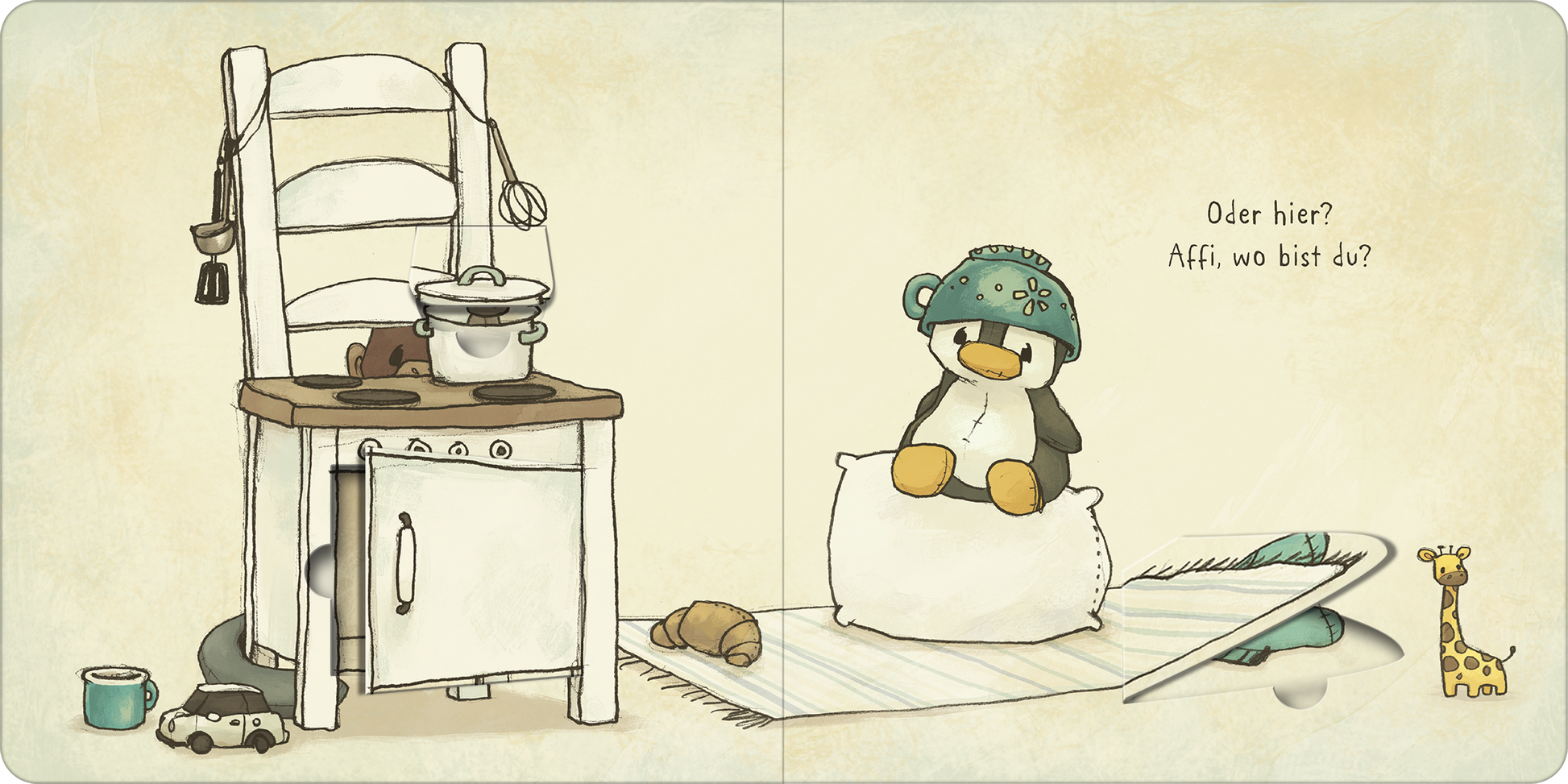 Gezeigt wird eine Innenansicht von „Wo ist mein Affi?“. Die Illustration zeigt eine liebevolle Spielsituation mit einem kleinen, schwarz-weißen Pinguin auf einem weißen Kissen. Ein Holzstuhl mit Kochtopf steht links im Bild, umgeben von verschiedenen Spielgegenständen. Die sanften, pastellfarbenen Töne schaffen eine warme, einladende Atmosphäre. Auf der rechten Seite steht in einer klaren, kindgerechten Schrift: „Oder hier? Affi, wo bist du?“