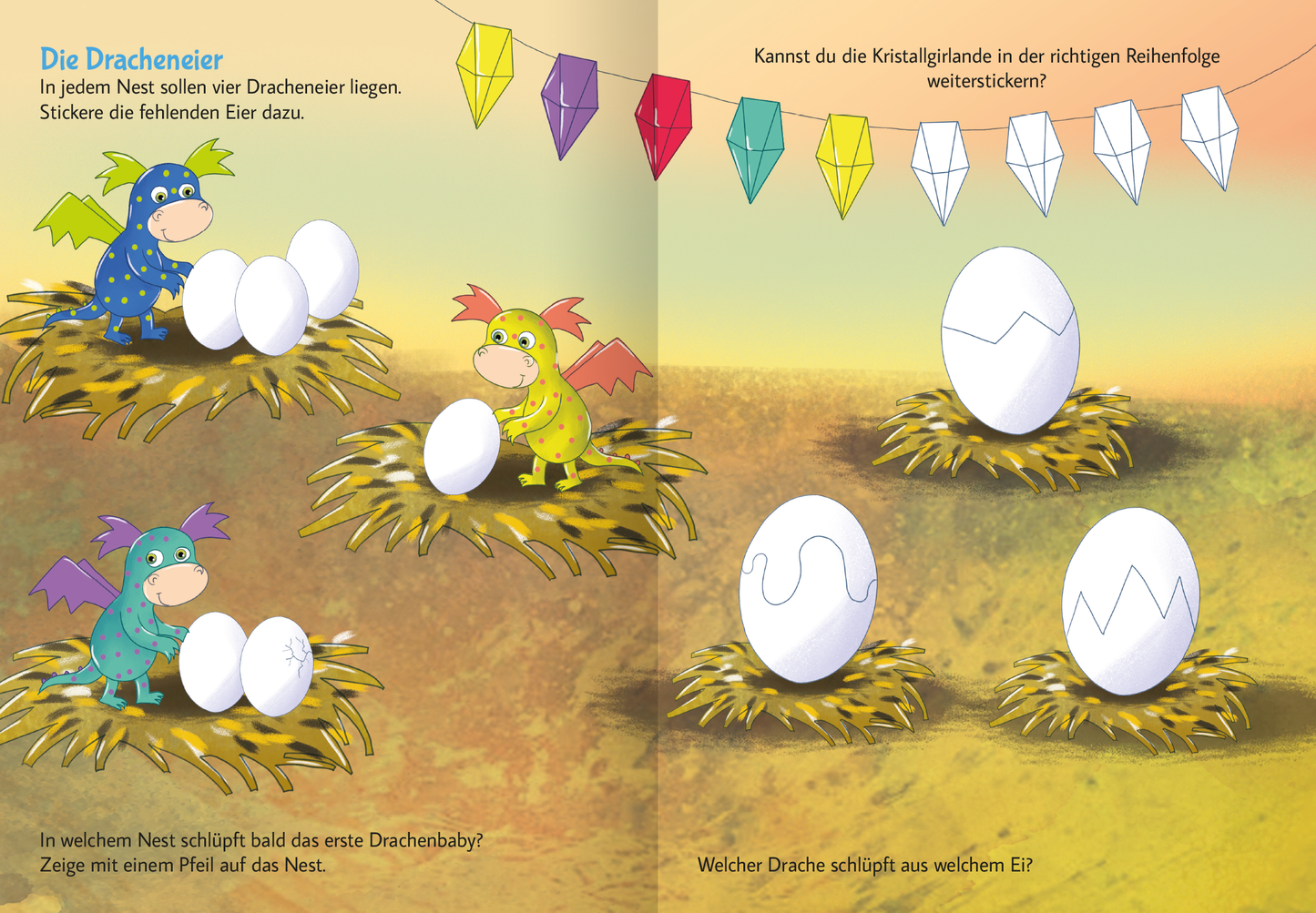 Gezeigt wird eine Innen- oder Zusatzansicht von „Stickern und Rätseln – Drachen“. Die Abbildung zeigt farbenfrohe Drachen in verschiedenen Posen, umgeben von Drachenkästen mit Eiern, die in leuchtenden Farben gestaltet sind. Der Hintergrund ist sanft in Gelb- und Brauntönen gehalten. Oben schwebt eine dekorative Kette aus bunten Kristallformen. Die Typografie ist kinderfreundlich und klar lesbar, und die Texte geben Anweisungen für das Rätseln und Spielen.