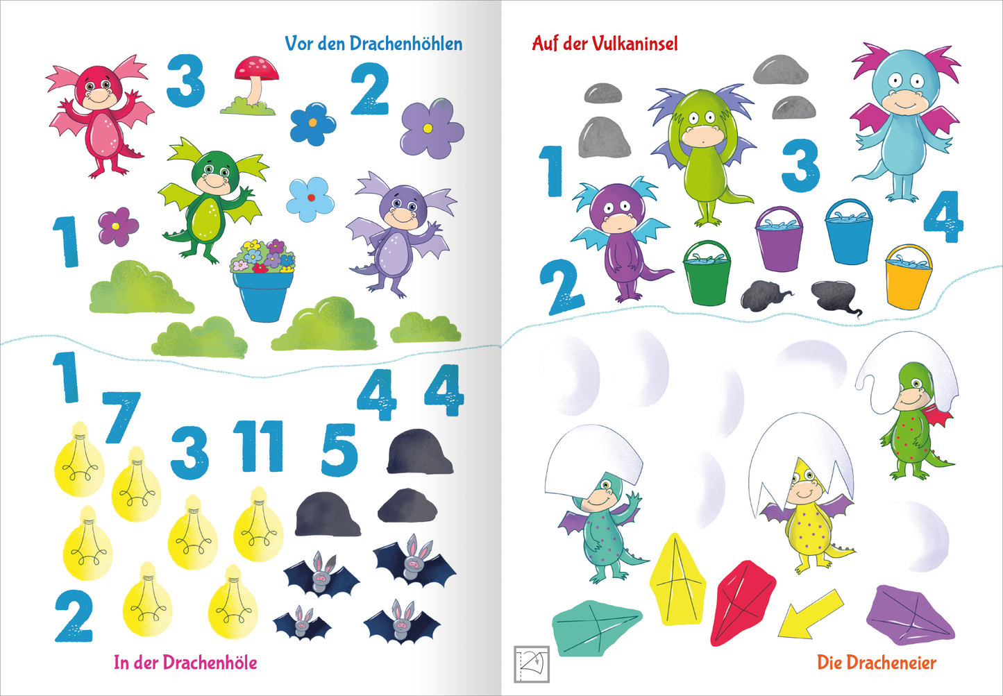 Gezeigt wird eine Innen- oder Zusatzansicht von „Stickern und Rätseln – Drachen“. Die Seite präsentiert bunte, cartoonhafte Drachenfiguren in verschiedenen Farben, darunter Grün, Lila und Blau. Zahlreiche Zahlen und Illustrationen sind sichtbar, die mit Rätseln verbunden sind. Die Hintergründe sind in sanften Pastellfarben gehalten, während die Typografie klar und spielerisch gestaltet ist. Elemente wie Blumen, Felsen und Behälter ergänzen die kreative Darstellung und laden zum...