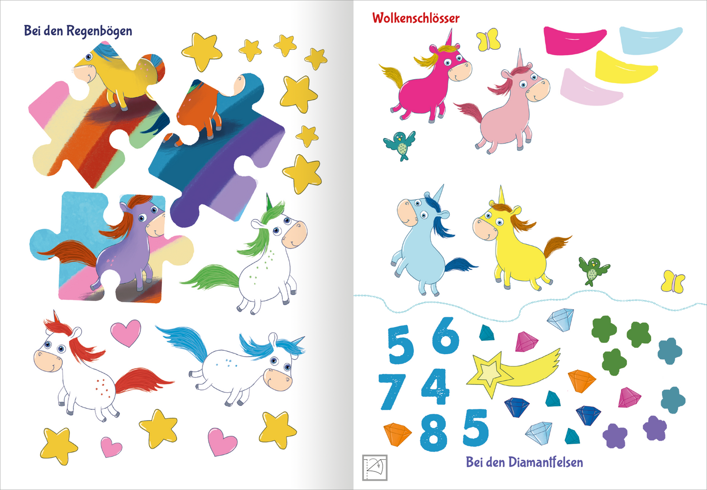 Gezeigt wird eine Innen- oder Zusatzansicht von „Stickern und Rätseln – Einhörner“. Die Seite präsentiert farbenfrohe Illustrationen mit verschiedenen Einhörnern in Pink, Blau und Lila, umgeben von Sternen, Herzen und geometrischen Formen. Auf der linken Seite sind Puzzlestücke sowie freundliche Einhörner zu sehen, während die rechte Seite ein nummeriertes Puzzle mit bunten Figuren und farblich abgestimmten Elementen zeigt. Die Schrift ist klar und verspielt, passend zum Erlebnis...