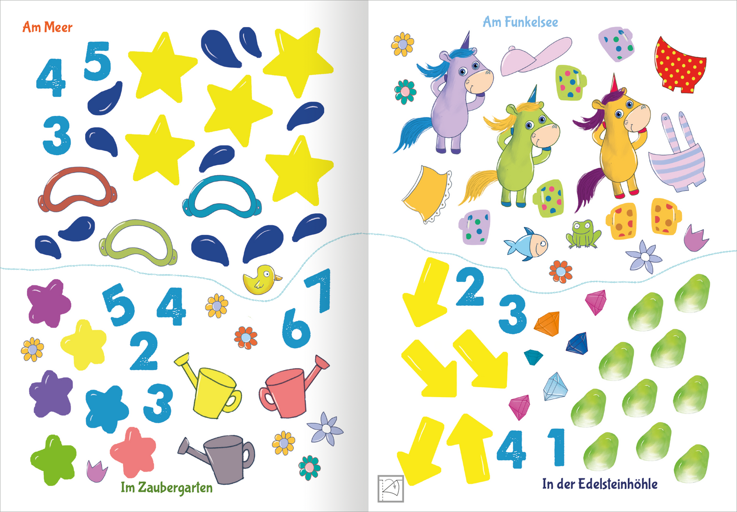 Gezeigt wird eine Innen- oder Zusatzansicht von „Stickern und Rätseln – Einhörner“. Die farbenfrohe Seite präsentiert verschiedene Aufkleber in lebhaften Tönen wie Gelb, Blau, Lila und Grün. Zu sehen sind sowohl geometrische Formen wie Sterne und Dreiecke als auch niedliche Einhörner in unterschiedlichen Farben. Die Typografie umfasst einfache, große Zahlen und Worte, die leicht lesbar sind. Die Gestaltung ist klar strukturiert und ansprechend für Kinder.