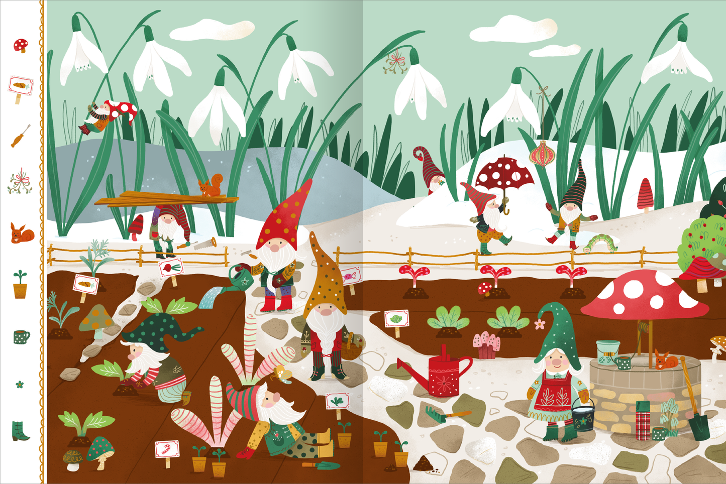 Gezeigt wird eine Innen- oder Zusatzansicht von „Mein erstes Wichtel-Mitmachbuch“. Die Illustration zeigt eine fröhliche Szenerie mit mehreren Wichteln, die in einem Garten arbeiten. Dominierende Farben sind sanfte Grüntöne, lebhaftes Rot und Erdtöne. Die Typografie ist verspielt und kindgerecht. Detaillierte Elemente wie Schneeglöckchen, Pilze und Pflanzen fördern die Interaktivität. Die Wichtel tragen unterschiedliche Hüte und Kleidung, die Szenen wirken einladend und leicht...