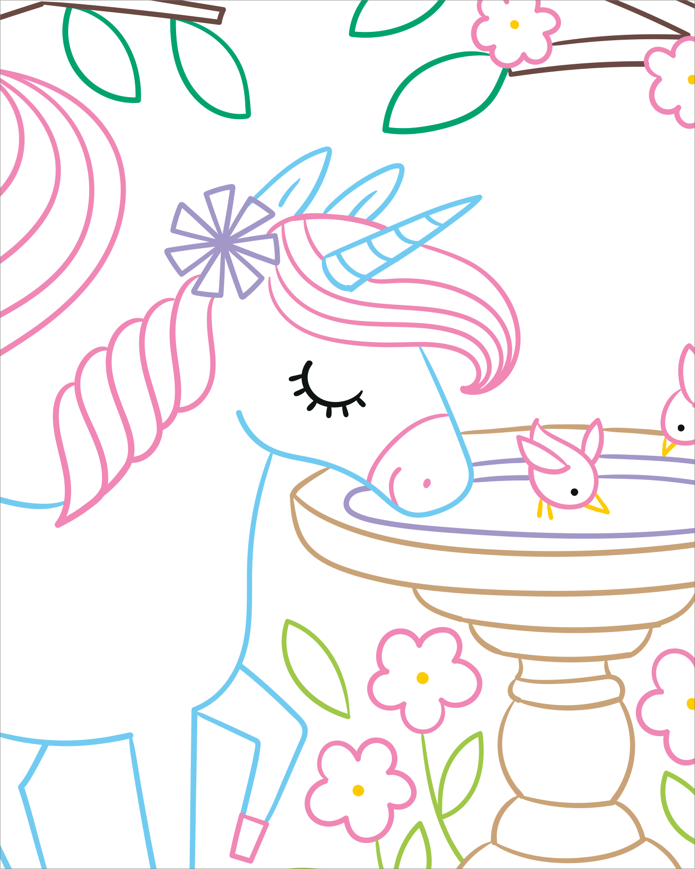 Gezeigt wird eine Innen- oder Zusatzansicht von „Zauberbilder Minis – Einhörner“. Das Bild zeigt ein niedliches Einhorn mit einem geschlossenen Auge und einer bunten Mähne in den Farben Rosa und Blau. Es steht neben einer Vogeltränke, aus dem zwei kleine Vögel trinken. Um das Einhorn und das Vogelbad ranken sich verspielte Blumen und Blätter in sanften Pastellfarben. Die typografischen Elemente sind weich und kindgerecht gestaltet, passend zum magischen Thema.