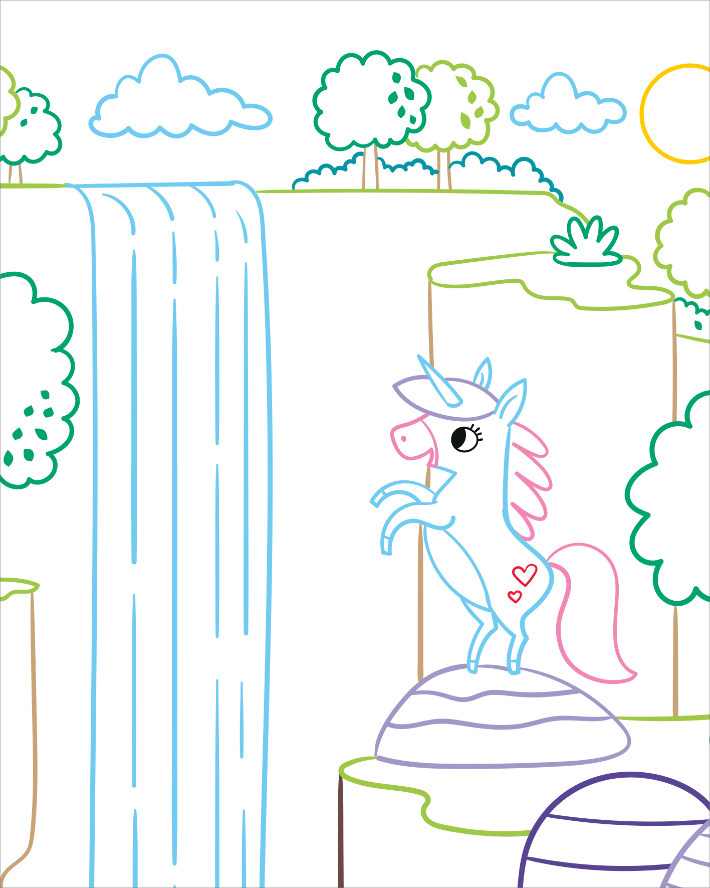 Gezeigt wird eine Innen- oder Zusatzansicht von „Zauberbilder – Einhörner“. Die Illustration zeigt ein fröhliches Einhorn, das vor einem Wasserfall steht, umgeben von sanften, gewellten Felsen und grünen Pflanzen. Die Farben sind sanft und pastellig, mit vorherrschendem Blau für den Wasserfall, Pink und Blau für das Einhorn und unterschiedlichen Grüntönen für die Bäume. Die Typografie ist verspielt und harmonisch in die Szene integriert.