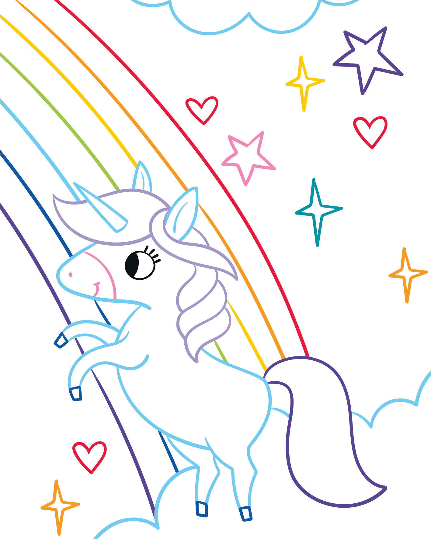 Gezeigt wird eine Innen- oder Zusatzansicht von „Zauberbilder – Einhörner“. Die Illustration zeigt ein fröhliches Einhorn, das vor einem Wasserfall steht, umgeben von sanften, gewellten Felsen und grünen Pflanzen. Die Farben sind sanft und pastellig, mit vorherrschendem Blau für den Wasserfall, Pink und Blau für das Einhorn und unterschiedlichen Grüntönen für die Bäume. Die Typografie ist verspielt und harmonisch in die Szene integriert.