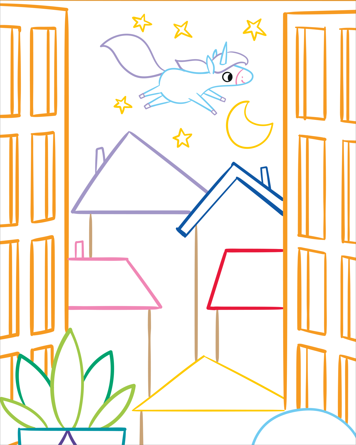 Gezeigt wird eine Innenansicht von „Zauberbilder – Einhörner“. Die Illustration zeigt ein offenes Fenster mit bunten Fensterläden in orange und gelb. Draußen sind einige stilisierte Häuser in unterschiedlichen Farben, darunter rot und blau, zu sehen. Ein Einhorn fliegt durch einen nächtlichen Himmel mit einem Mond und funkelnden Sternen. Auf der Fensterbank steht ein lächelnder Topf mit einer Pflanze und eine runde, durchsichtige Glaskugel. Die Linien sind klar und farbenfroh, was...