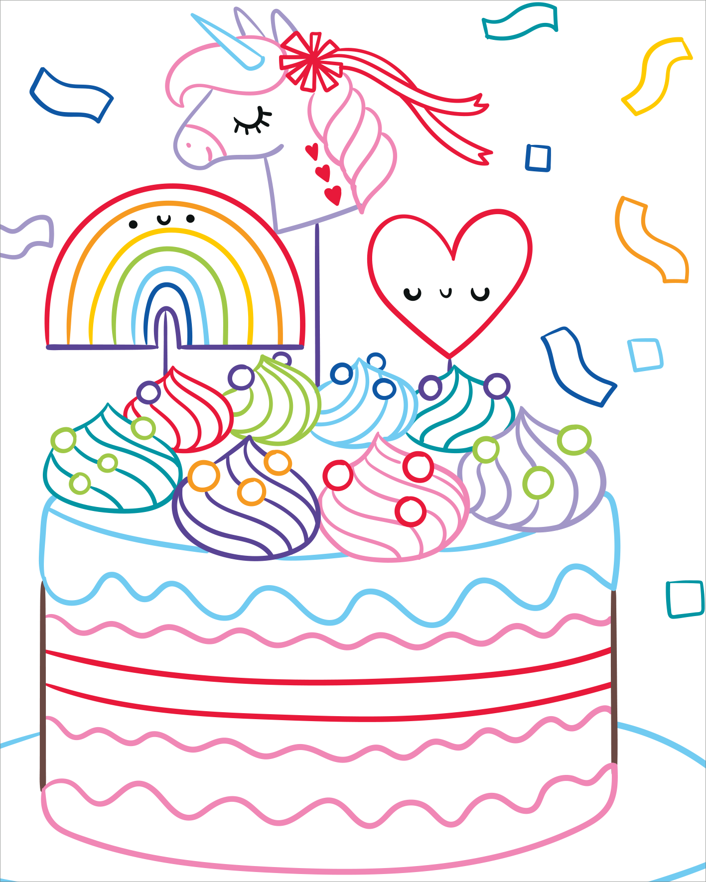 Gezeigt wird eine Innen- oder Zusatzansicht von „Zauberbilder Minis – Einhörner“. Die Illustration zeigt einen bunten Geburtstagskuchen mit spiralförmigen, pastellfarbenen Toppings in lila, rosa und blau. Darüber schwebt ein Einhorn mit einer roten Schleife, eingerahmt von einem Regenbogen und einem lächelnden Herz. Bunte Konfetti-Elemente erweitern die fröhliche Komposition. Die klare, verspielte Schriftart und die kräftigen Farben verleihen dem Bild eine einladende Atmosphäre.