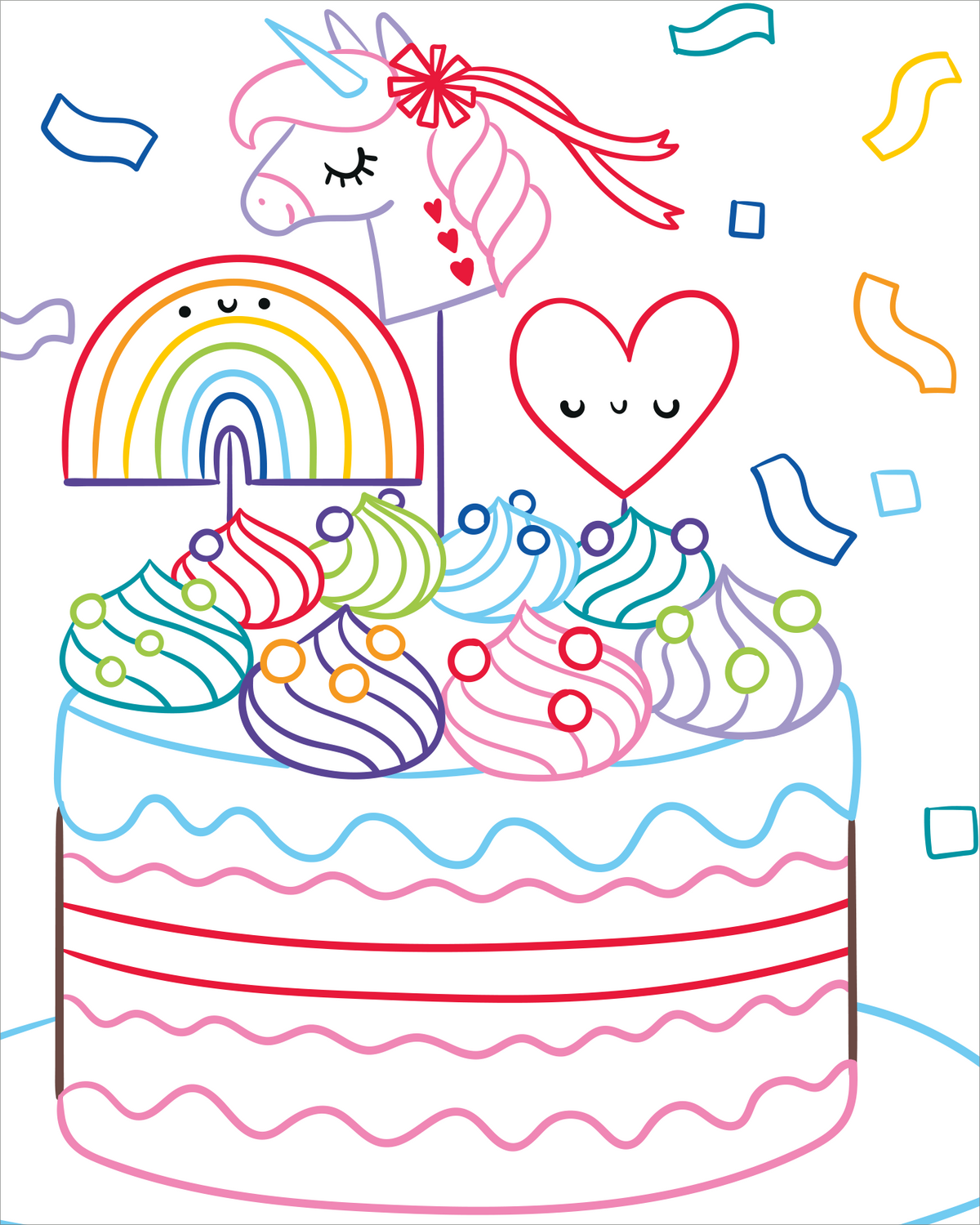 Gezeigt wird eine Innen- oder Zusatzansicht von „Zauberbilder Minis – Einhörner“. Die Illustration zeigt einen bunten Geburtstagskuchen mit spiralförmigen, pastellfarbenen Toppings in lila, rosa und blau. Darüber schwebt ein Einhorn mit einer roten Schleife, eingerahmt von einem Regenbogen und einem lächelnden Herz. Bunte Konfetti-Elemente erweitern die fröhliche Komposition. Die klare, verspielte Schriftart und die kräftigen Farben verleihen dem Bild eine einladende Atmosphäre.