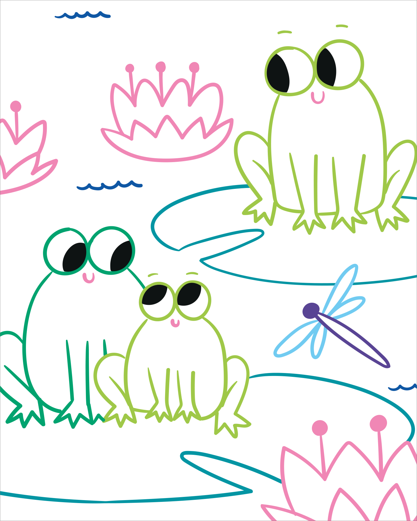 Gezeigt wird eine Innen- oder Zusatzansicht von „Zauberbilder Minis – Tiere“. Die Illustration zeigt drei fröhliche Frösche in sanften Grüntönen, umgeben von pinkfarbenen Seerosen. Die Frösche haben große, runde Augen und lächeln. Eine libellenartige Zeichnung in Blau ergänzt die Szene, die durch geschwungene Linien für das Wasser akzentuiert wird.