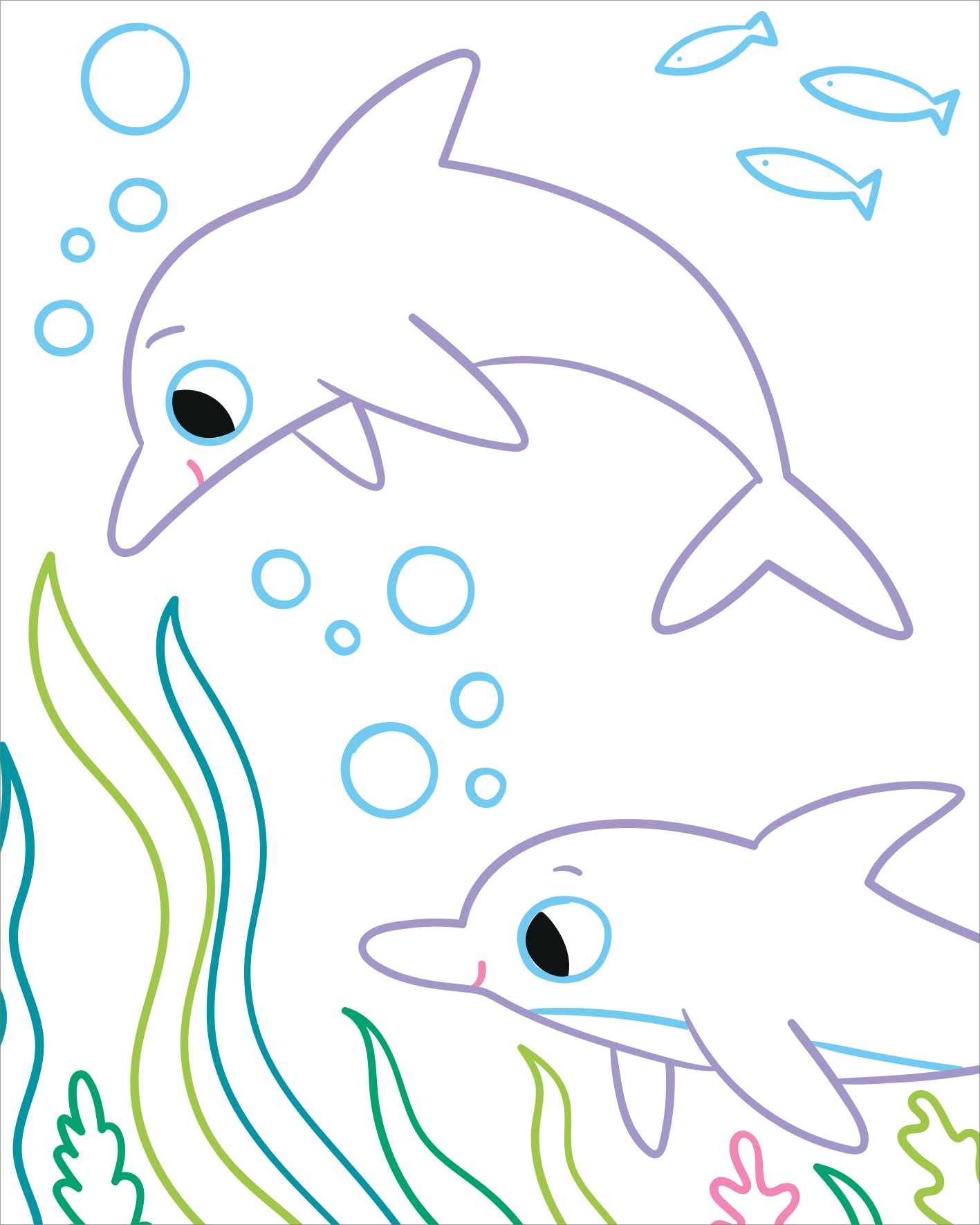 Gezeigt wird eine Innen- oder Zusatzansicht von „Zauberbilder Minis – Tiere“. Die Illustration zeigt zwei verspielte Delfine in sanften Weißtönen, die durch bläuliche Wasserblasen schwimmen. Umgeben von bunten, geschwungenen Algen in Grün und Pink, vermittelt das Bild eine lebendige, fröhliche Unterwasserwelt. Die großen, runden Augen der Delfine verleihen der Darstellung einen freundlichen und einladenden Charakter.