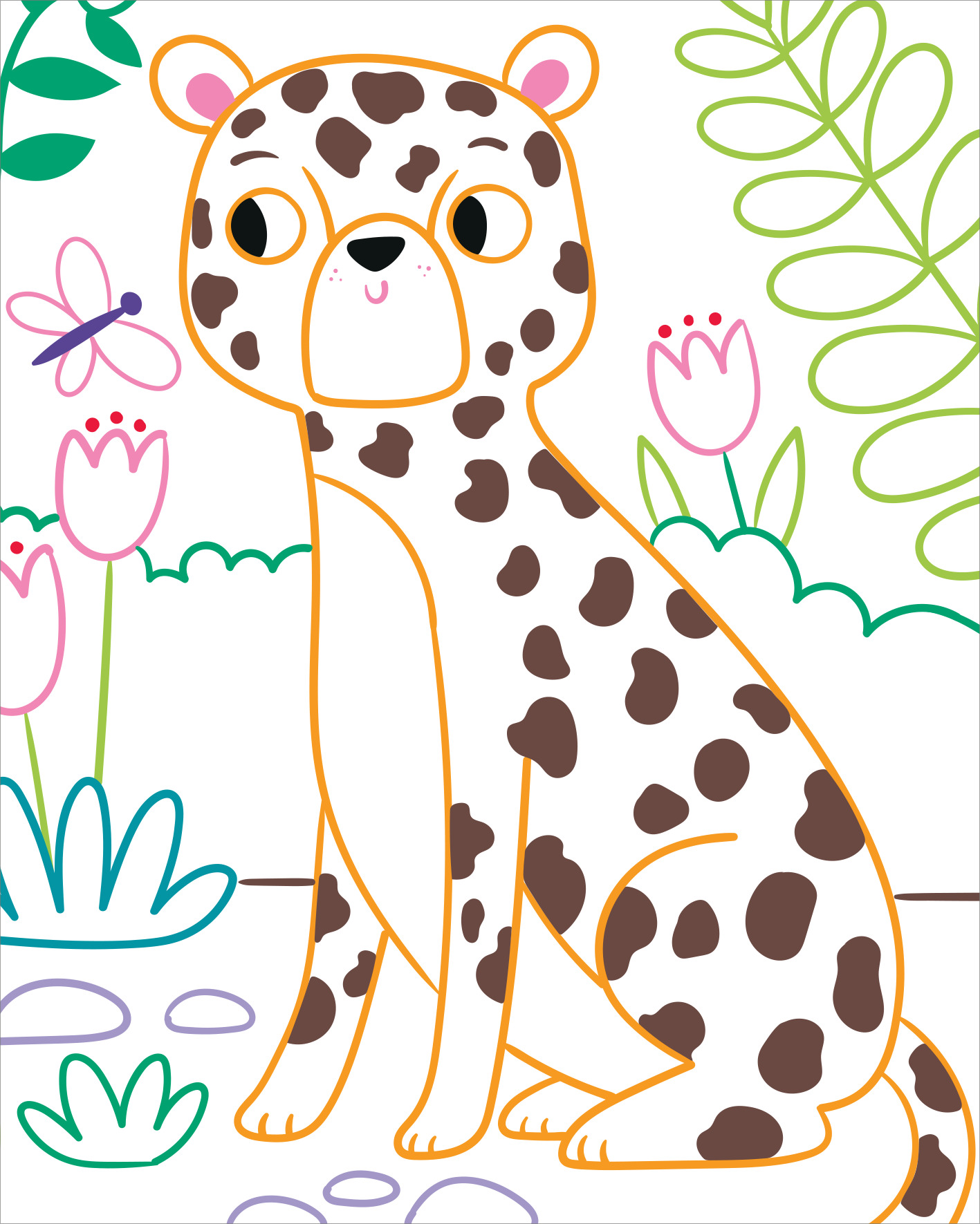 Gezeigt wird eine Innen- oder Zusatzansicht von „Zauberbilder Minis – Tiere“. Die Abbildung zeigt einen sitzenden, gepunkteten Leoparden mit einem freundlichen Gesichtsausdruck. Die Farben sind kräftig, vorwiegend in Braun- und Beigetönen, kombiniert mit bunten, stilisierten Pflanzenmotiven in Pink, Grün und Blau im Hintergrund.