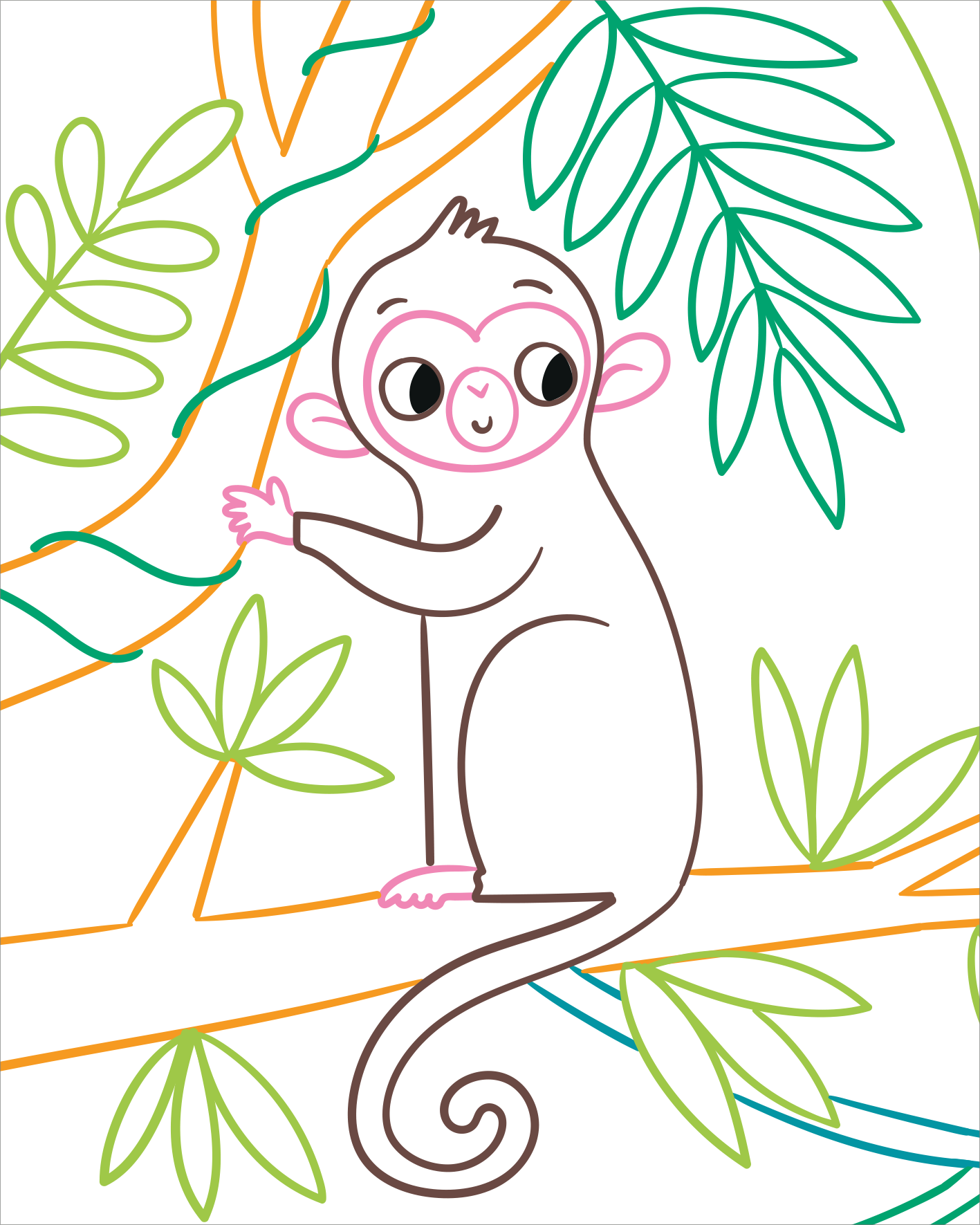 Gezeigt wird eine Innen- oder Zusatzansicht von „Zauberbilder Minis – Tiere“. Auf dem Bild ist ein niedlicher, stilisierter Affe abgebildet, der auf einem Ast sitzt und lächelnd zur Seite blickt. Die Konturen sind in einem sanften Braun gehalten, während die Augen groß und ausdrucksvoll sind. Um ihn herum sind bunte Blätter in kräftigen Grüntönen sowie orangefarbene Linien, die dem Bild eine fröhliche und lebendige Atmosphäre verleihen. Der Hintergrund ist schlicht und lässt die...