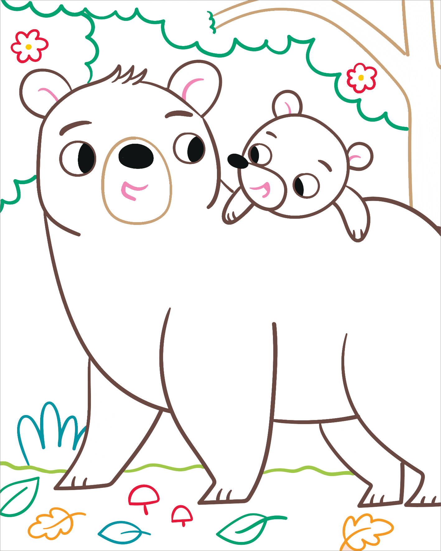 Gezeigt wird eine Innen- oder Zusatzansicht von „Zauberbilder Minis – Tiere“. Die Illustration zeigt einen großen, weißen Bären mit einem kleinen Bärenjungen, das auf seinem Rücken sitzt. Die Tiere haben große, freundliche Augen und sind schlicht in Linien gezeichnet. Im Hintergrund sind stilisierte Bäume, bunte Blumen sowie einige bunte Pilze und Blätter sichtbar, die in sanften Farben gehalten sind. Die Gesamtanordnung strahlt eine fröhliche und einladende Atmosphäre aus.