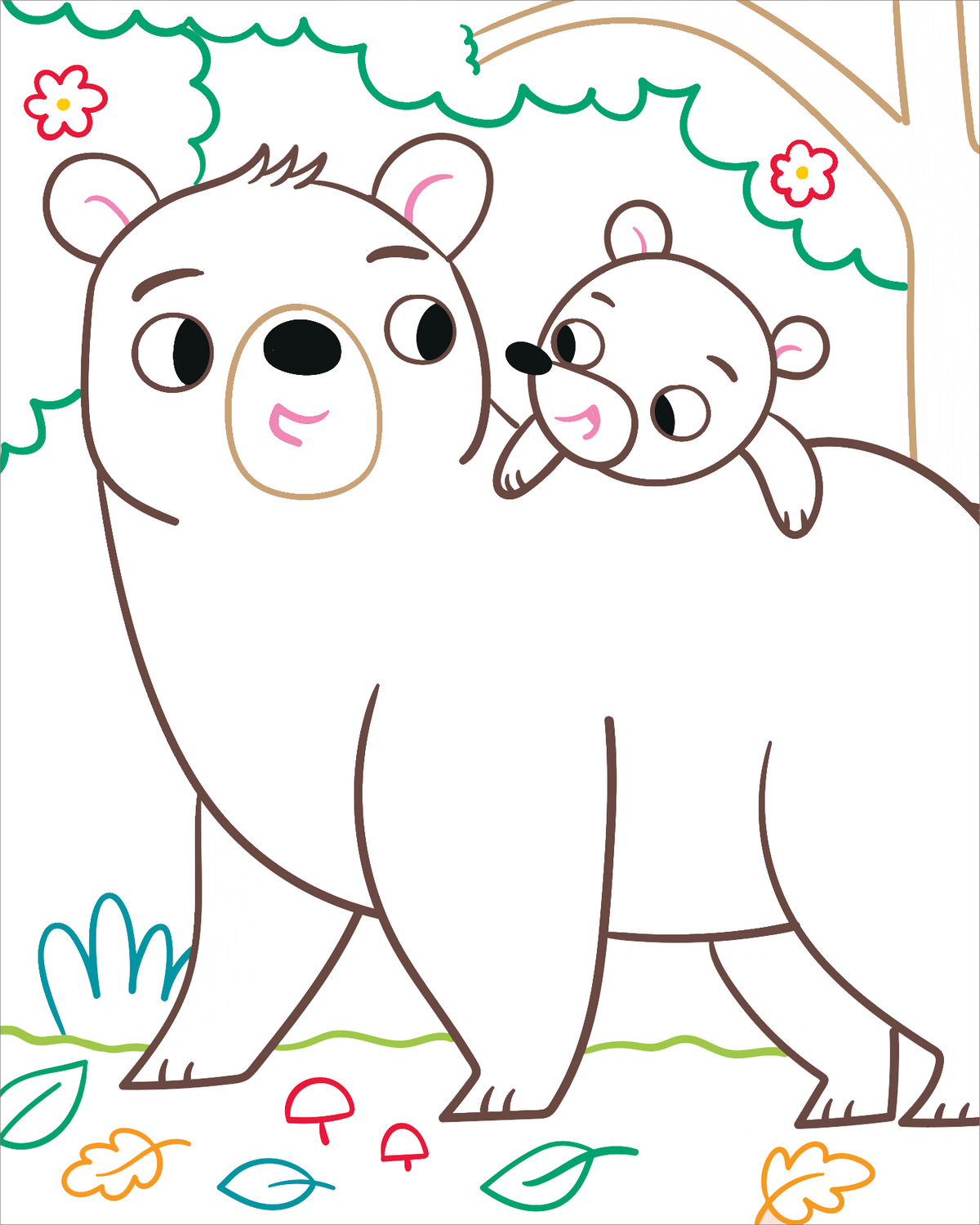 Gezeigt wird eine Innen- oder Zusatzansicht von „Zauberbilder Minis – Tiere“. Die Illustration zeigt einen großen, weißen Bären mit einem kleinen Bärenjungen, das auf seinem Rücken sitzt. Die Tiere haben große, freundliche Augen und sind schlicht in Linien gezeichnet. Im Hintergrund sind stilisierte Bäume, bunte Blumen sowie einige bunte Pilze und Blätter sichtbar, die in sanften Farben gehalten sind. Die Gesamtanordnung strahlt eine fröhliche und einladende Atmosphäre aus.