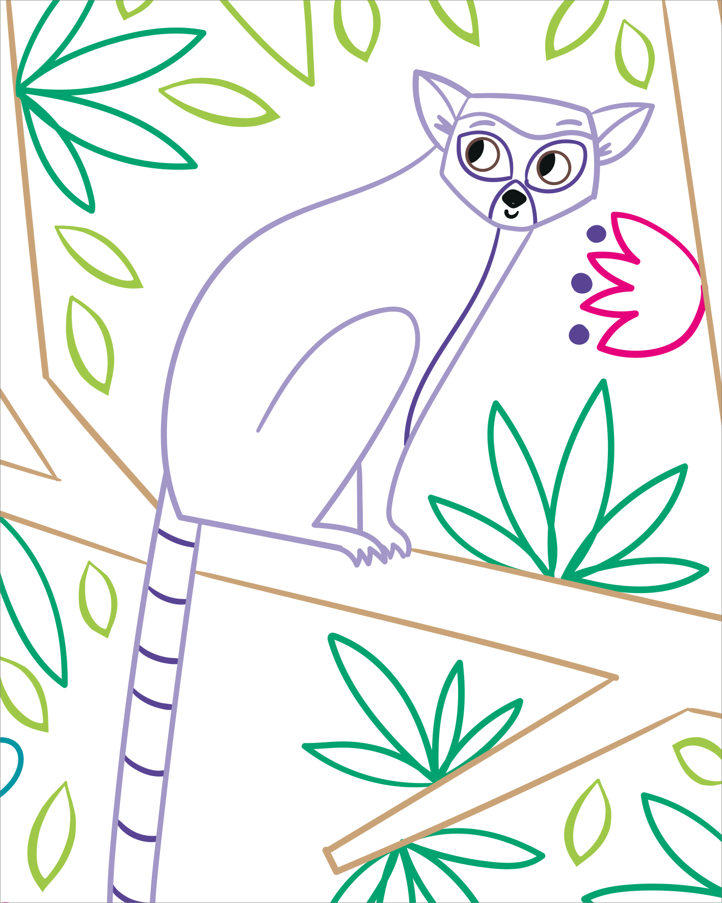 Gezeigt wird eine Innen- oder Zusatzansicht von „Zauberbilder – Dschungel“. Die Illustration zeigt einen süßen Lemuren, der auf einem Baum sitzt. Um ihn herum erstrecken sich farbenfrohe Blätter in verschiedenen Grüntönen, ergänzt durch zarte, rosa Blumen. Der Lemur ist in sanften Lilatönen gehalten, mit Markierungen in Schwarz und einer lebhaften, leicht geschwungenen Kontur. Die gesamte Komposition vermittelt eine fröhliche, lebendige Dschungelatmosphäre. Nur die Konturen der...