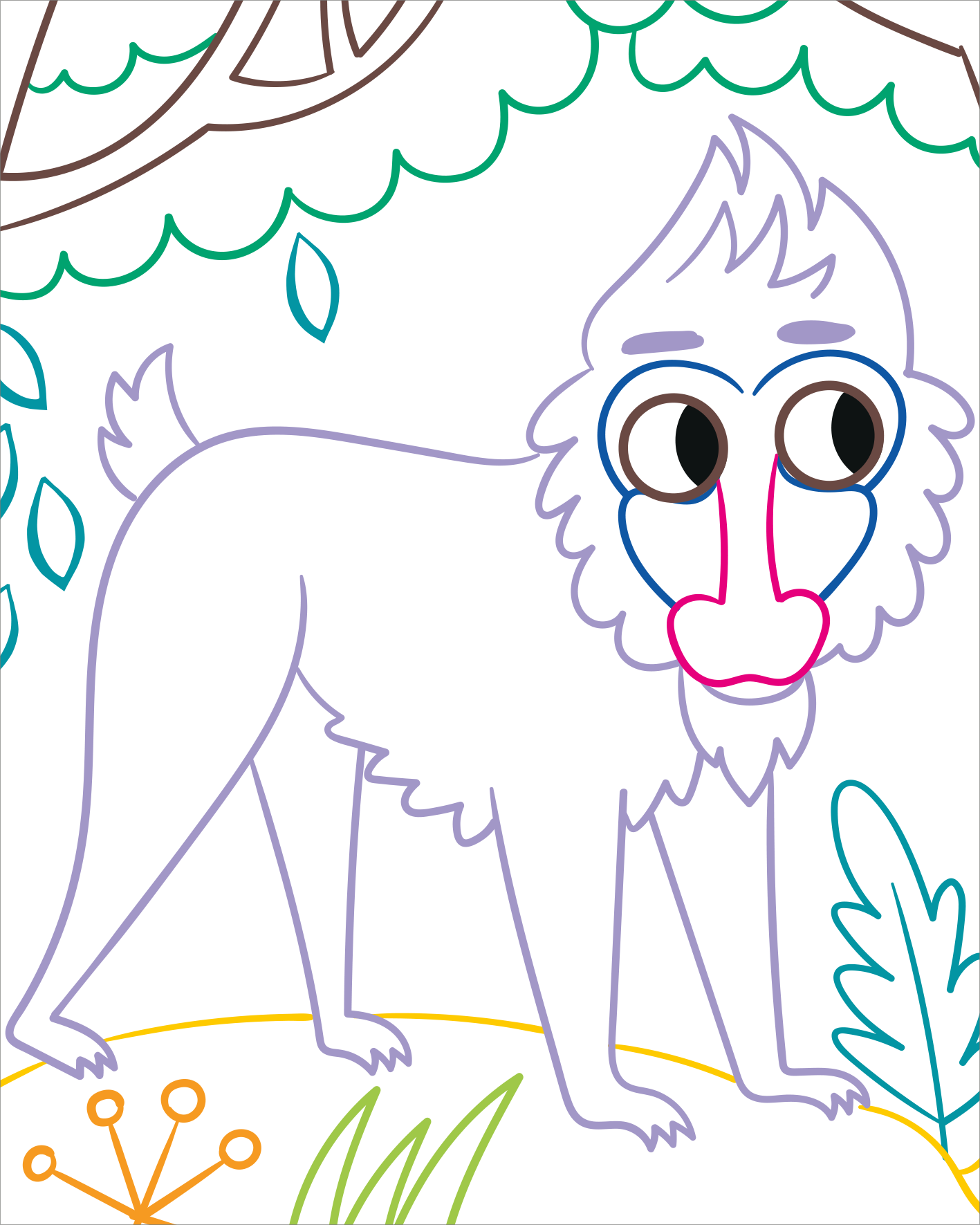 Gezeigt wird eine Innen- oder Zusatzansicht von „Zauberbilder Minis – Dschungel“. Die Illustration zeigt einen stilisierten Affen mit einem großen, ausdrucksvollen Gesicht und auffälligen, übertriebenen Merkmalen. Der Affe ist in sanften Pastellfarben umrandet, während die Details in klaren Linien eingezeichnet sind. Um ihn herum sind tropische Blätter und natürliche Elemente in lebendigen Grüntönen sowie orange und braun gehalten, was eine verspielte, einladende...